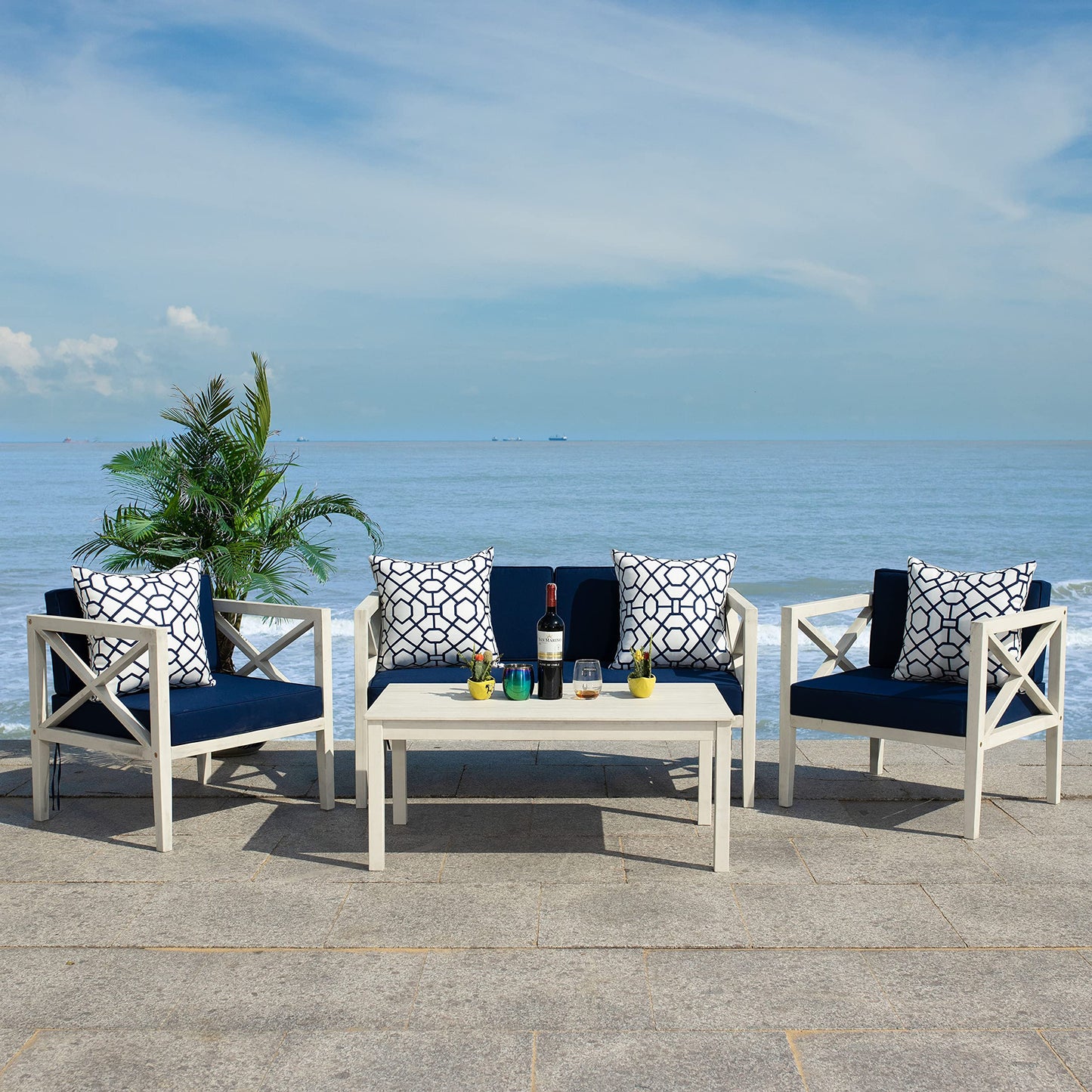 SAFAVIEH Outdoor Collection Nunzio Off-White/Navy Blue Cushion 4-Piece Conversation Patio Set with Accent Pillows