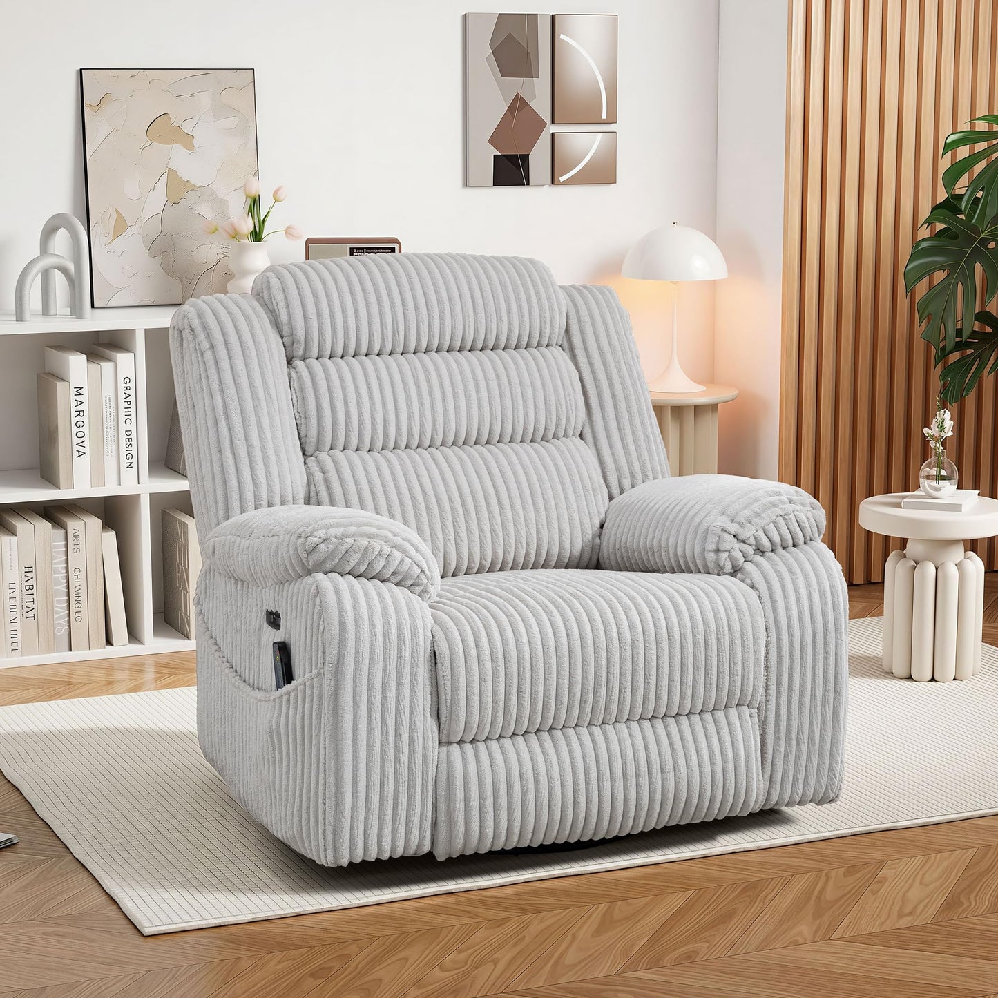 ERYE 41.8" Oversized Swivel Glider Rocker Chair Power Reclining Chair W/Vibration Heat,USB-C Ports,Modern Corduroy Upholstered Power Recliner Nursery Armchair Living Room