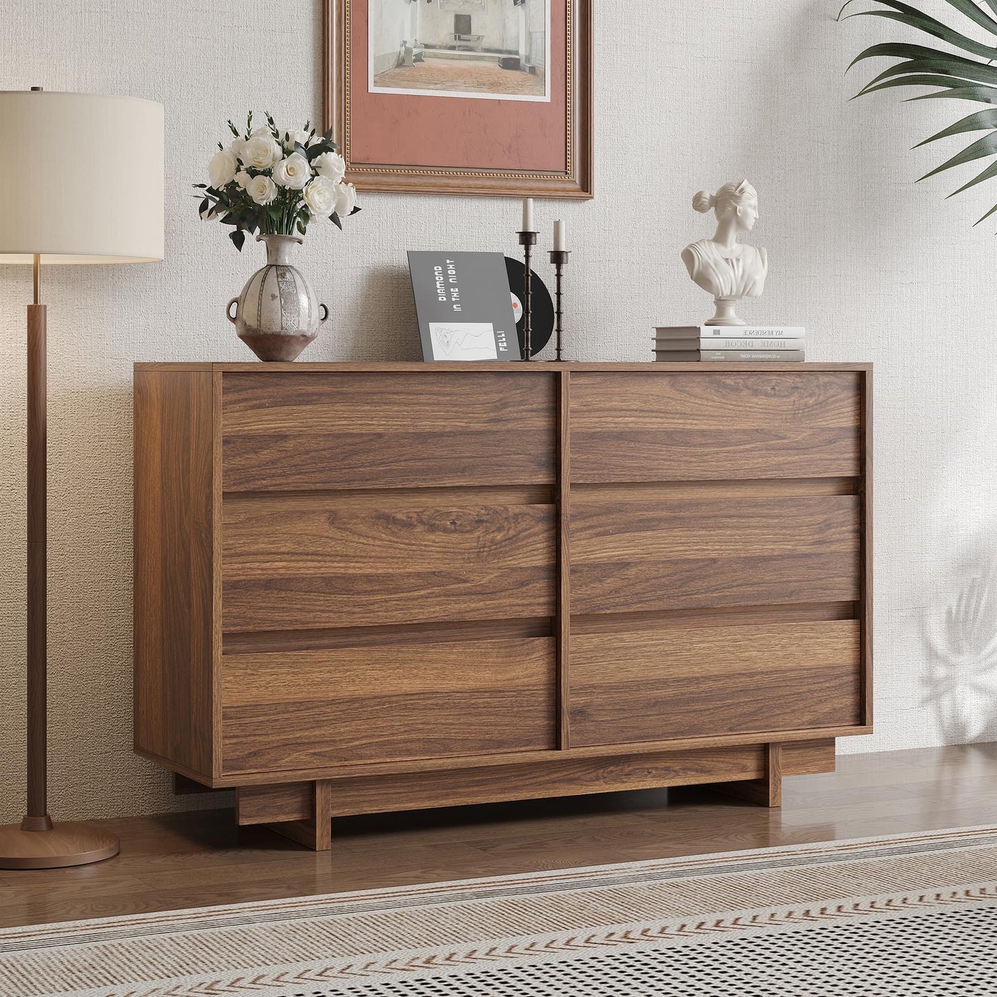 CHUWELL 47" Wide Dresser for Bedroom, Walnut Mid Century Modern Dressers with 6 Drawers, Adequate Capacity Storage,Closet Clothes Organizer for Bedroom