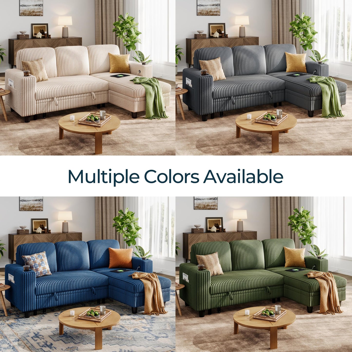 LINSY HOME Pull Out Sleeper Sofa Sectional Couches for Living Room, L Shaped Plush Corduroy Couch with Storage&USB Charging, Convertible Cloud Sectional Sofa Bed for Apartment, Green