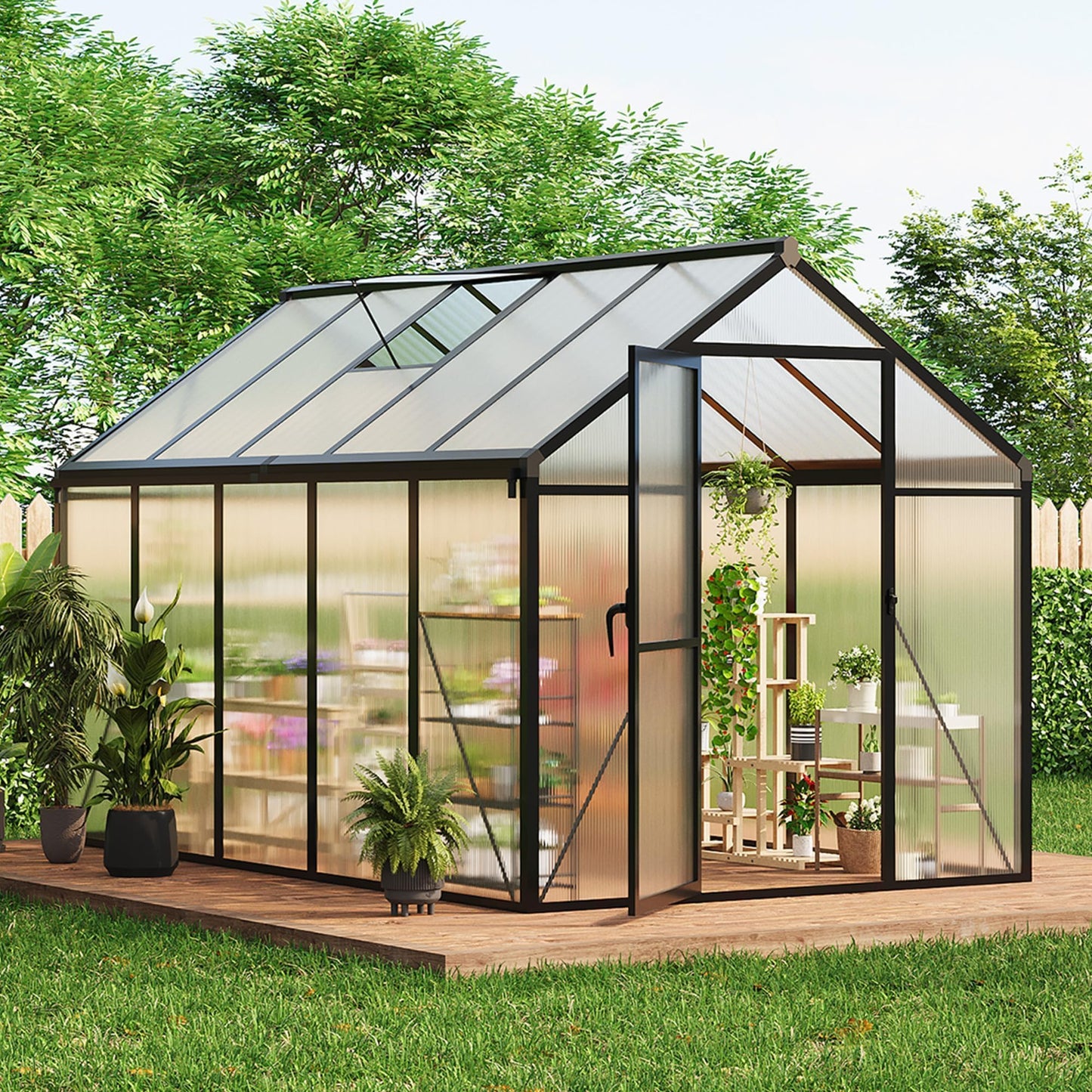 6x10 FT Greenhouse for Outdoors, Polycarbonate Greenhouse with Roof Vent, Ground Nails, Lockable Push Door, Aluminum Large Walk-in Green House for Outside Garden Backyard, Patio, Lawn, Black