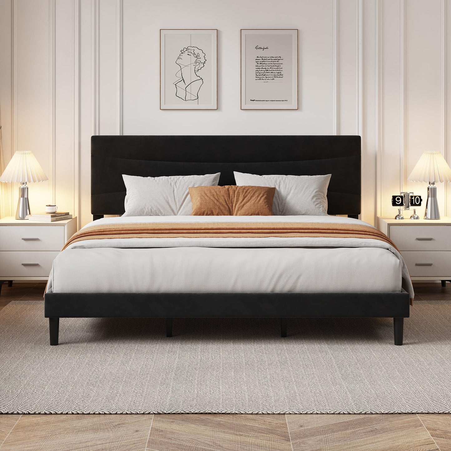 Garvee King Size Bed Frame with Headboard, Velvet Upholstered Platform Bed Frame No Box Spring Needed with Under-Bed Storage and Strong Wood Slats Support, Noise Free, Easy Assembly, Black