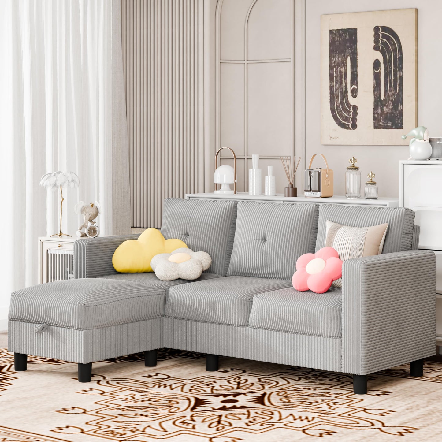 SUNLEI Convertible Sectional Sofa for Small Spaces, L Shaped Modular Sofa with Reversible Chaise & Ottoman Storage, 3 Seat Modern Small Couches for Living Room in Apartment, Linen Fabric, Greige