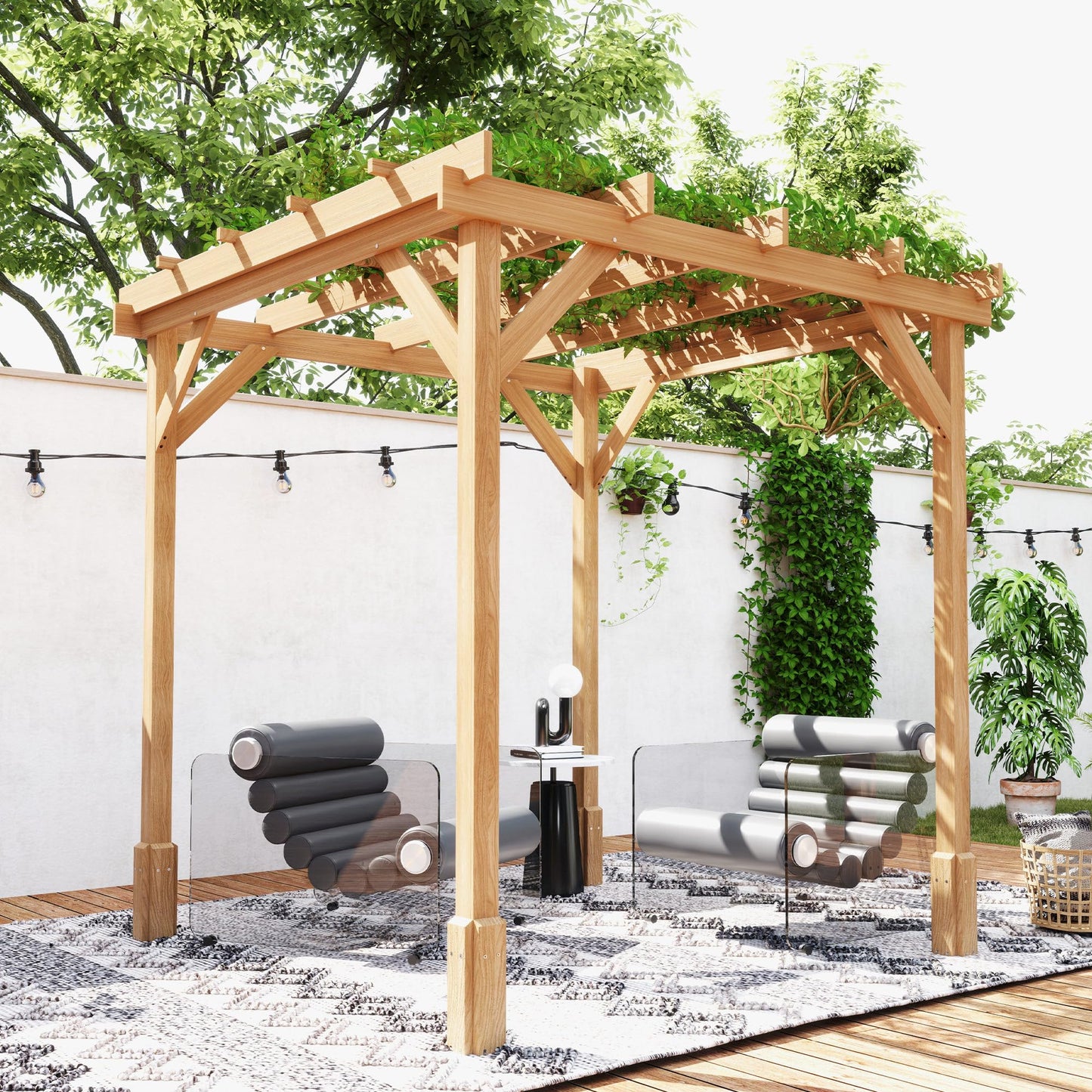 Outsunny 6.6' x 6.6' Outdoor Pergola with Stable Structure and Concrete Anchors, Wood Gazebo Grape Trellis for Climbing Plant Support, Garden, Patio, Backyard, Deck, Dark Brown