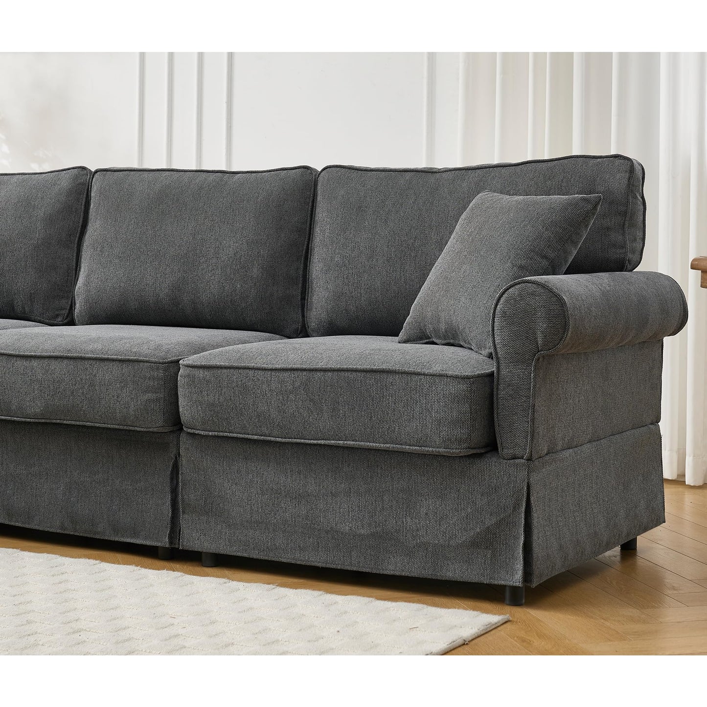 KEIKI 94" L-Shaped Oversized Modular Linen Sectional Sofa with Rolled Arms, Cushion Back, Modern Style Convertible 5-Seater Corner Couch, Easy Assembly, for Apartment, Living Room, Bedroom, Dark Gray
