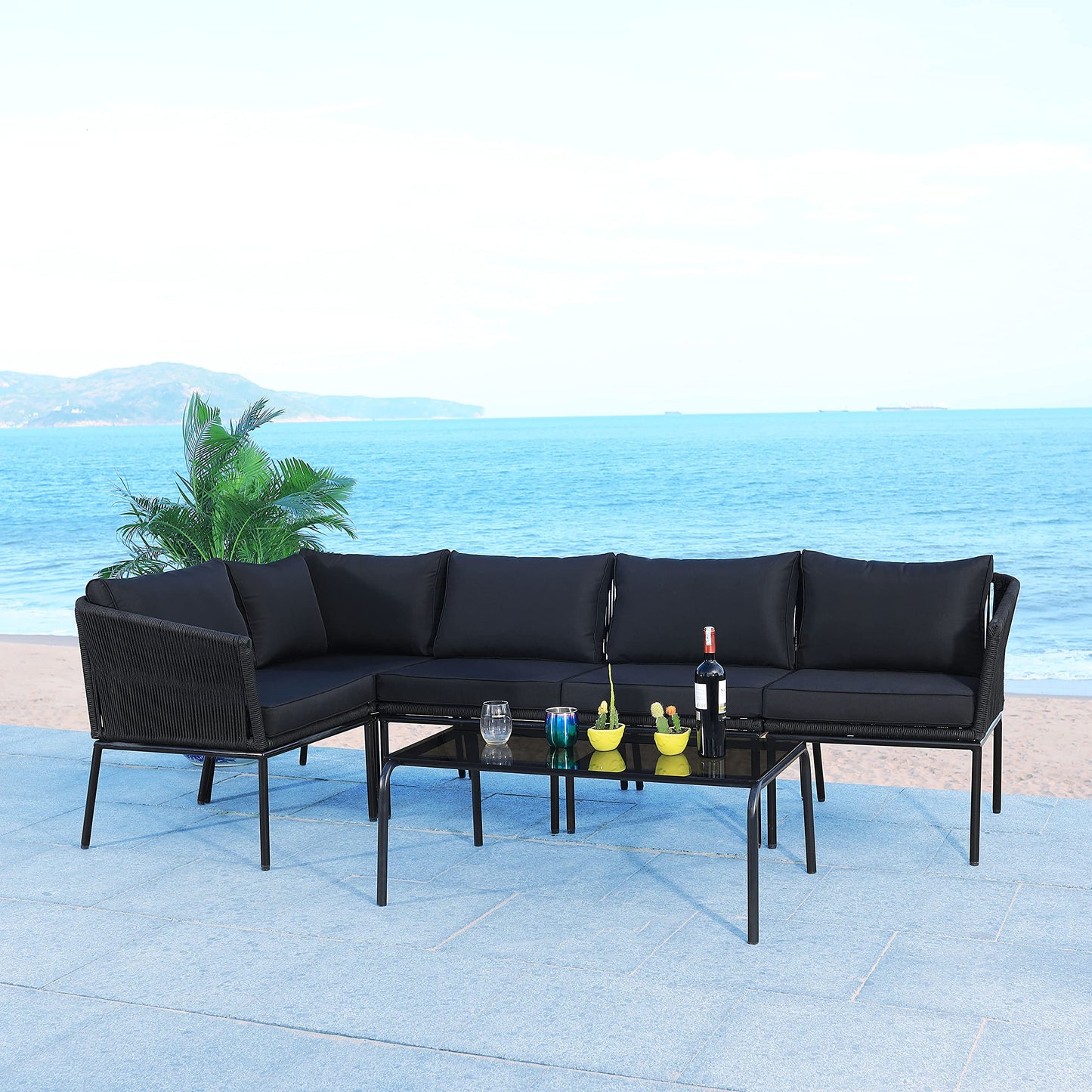 SAFAVIEH Outdoor Collection Remsin Black Wicker/Black Cushion Sectional Sofa Patio Backyard Living Set
