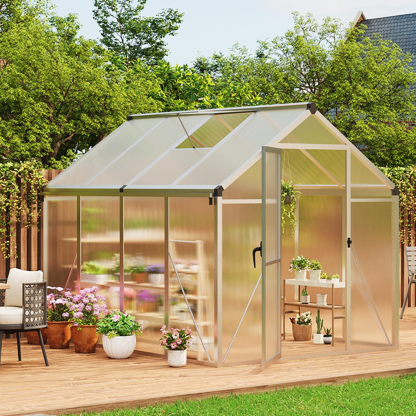 6x8 ft Walk-in Greenhouse, Polycarbonate Panels with Reinforced Aluminum Frame, Large Garden Green House for Planting and Seed Starting, Quick-Assembly Structure with Adjustable Roof Vent