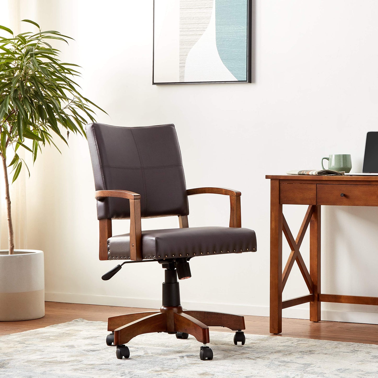 OSP Home Furnishings Deluxe Wood Banker's Chair with Antique Bronze Nailheads and Medium Brown Wood, Espresso Faux Leather