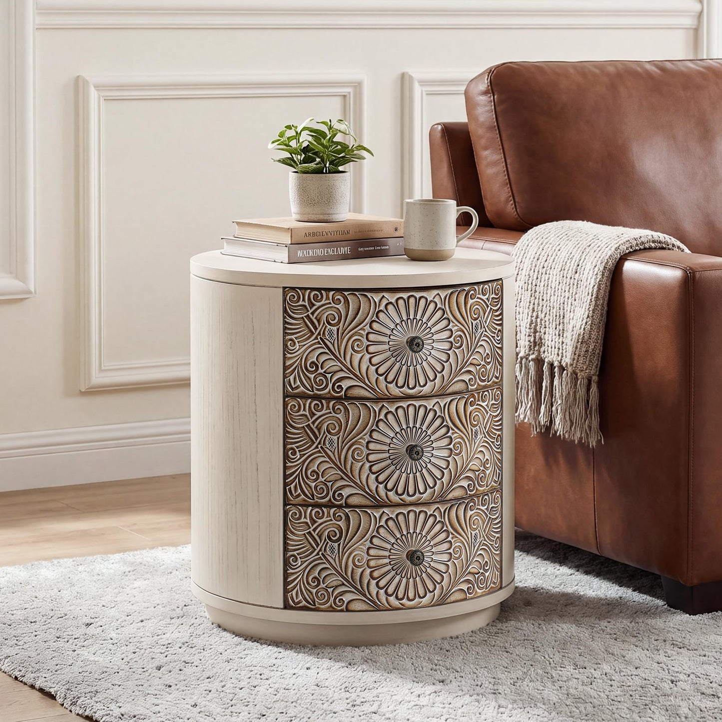 COSIEST 3 Drawer Chest of Drawers, 20 inch MDF Round Storage Cabinet, Retro Whitewash Finish Nightstand, Wood Bedside Table with Drawers for Bedroom Living Room,Light Gray