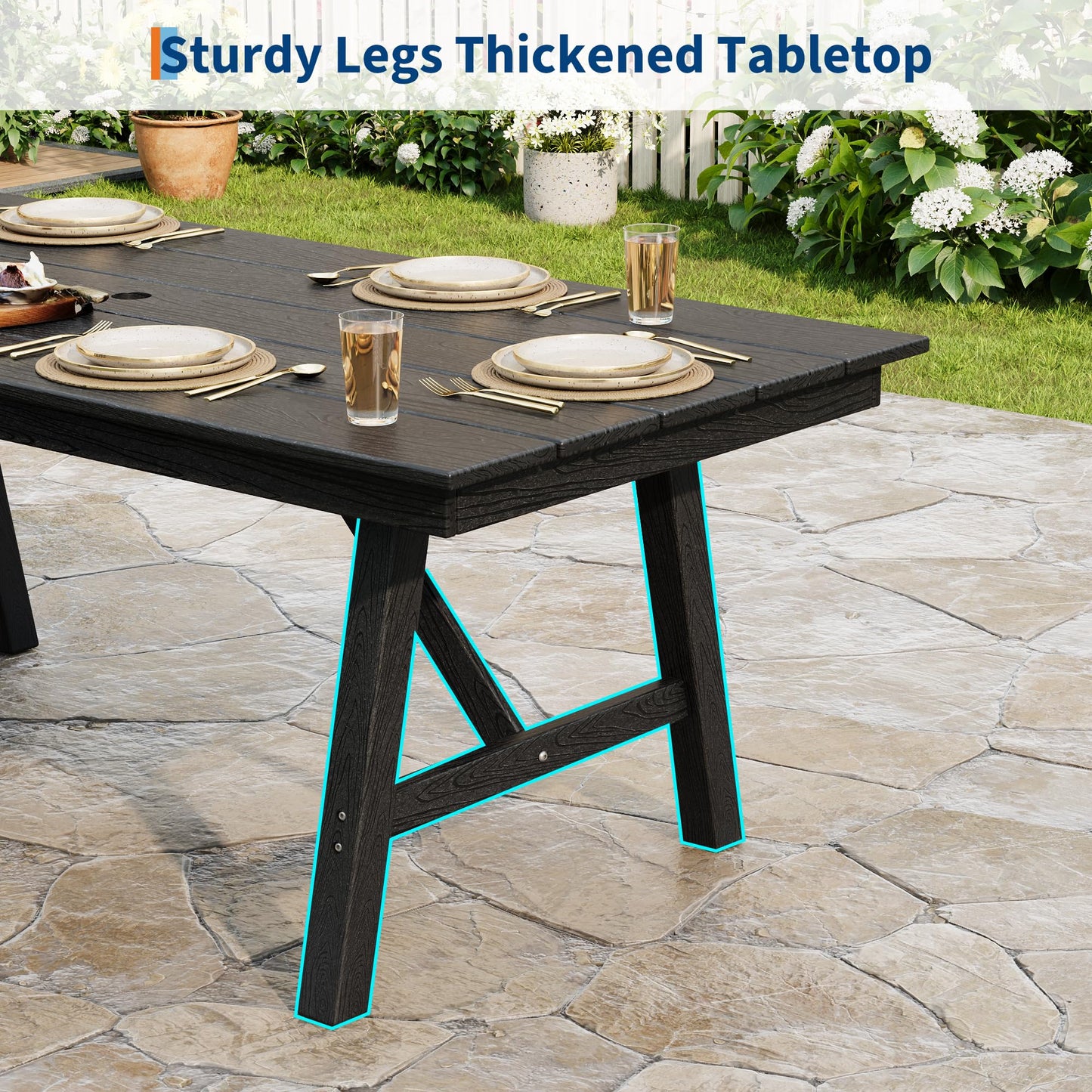 Garvee Outdoor Patio Dining Table Set for 6, 7 Piece Outdoor HDPE Dining Furniture Set with Umbrella Hole, Aluminum Frame, All-Weather Garden Table and 6 Chairs for Backyard Poolside, Black