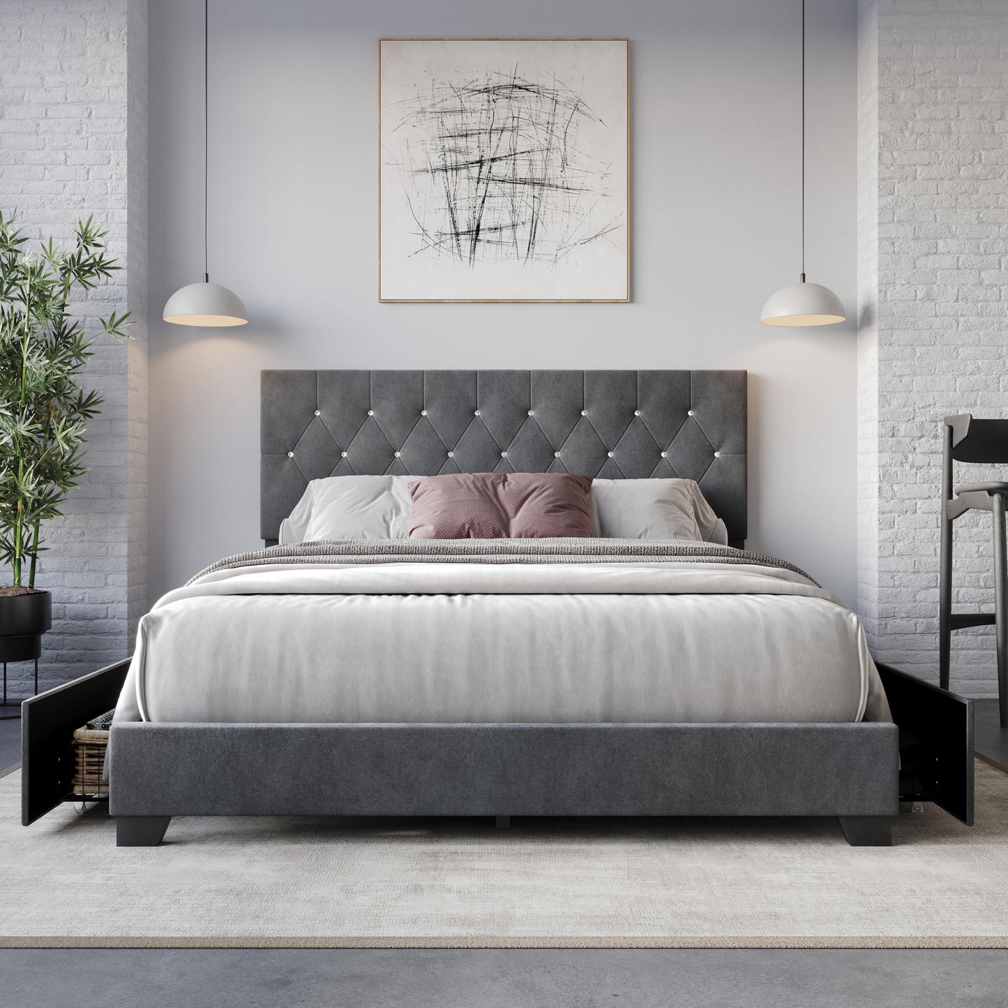 HOME DESIGN Sheffield Full Size Tufted Upholstered Storage Platform Bed Frame, Velvet Fabric, Diamond Button-Tufted Headboard, Drawers, No Box Spring Needed, Dark Gray