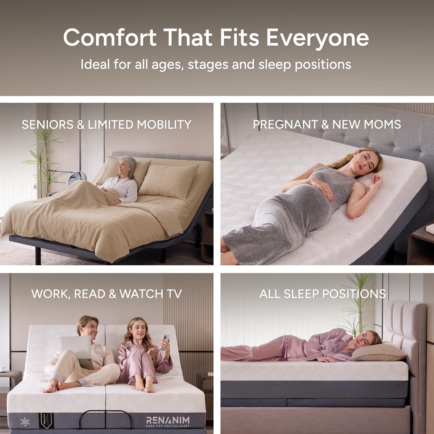 Renanim SFE Twin XL Adjustable Bed Frame with Mattress - 14" Hybrid Memory Foam - Zero Clearance, Wireless Remote for Head & Foot Incline, Zero Gravity - Electric Massage, Underbed Lights, 4 USB Ports
