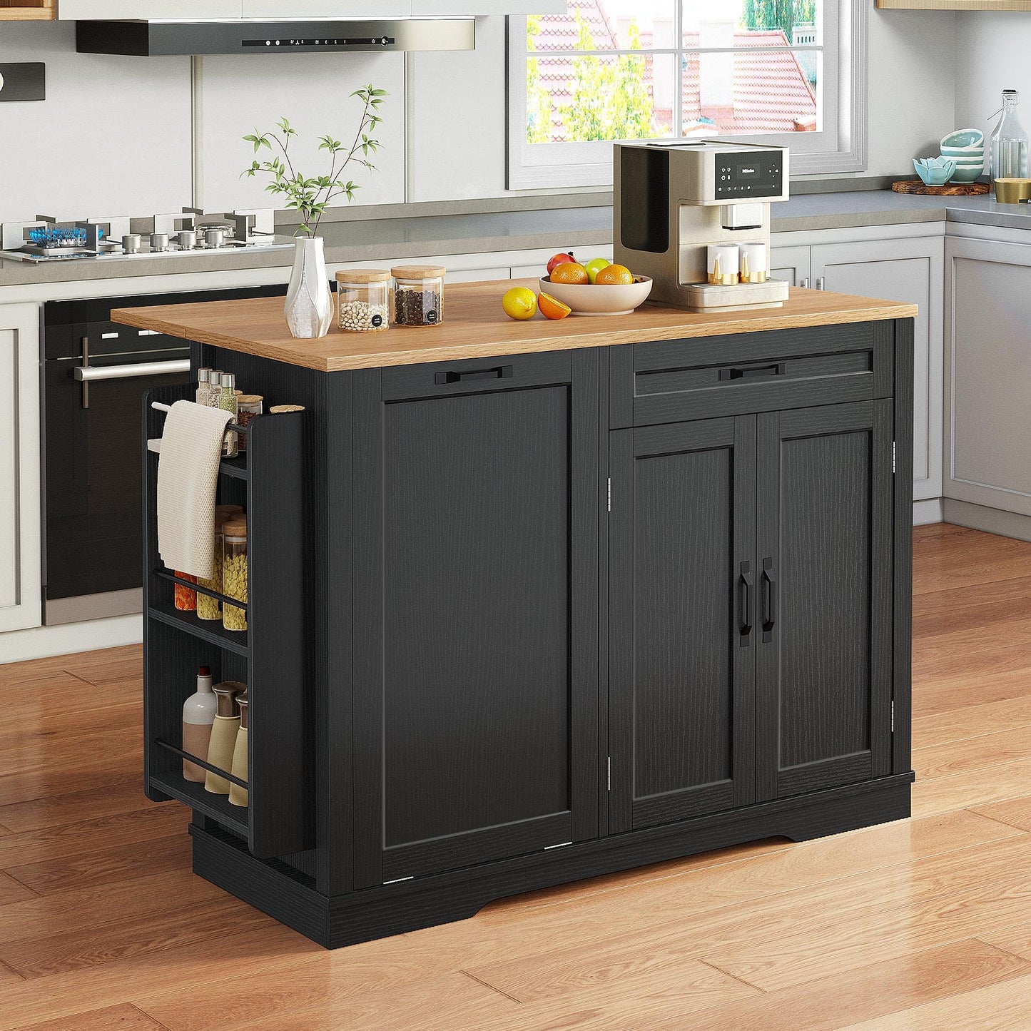 DWVO Tilt-Out Kitchen Trash Cans Cabinet, 50 Inch Rolling Kitchen Island with Drop Leaf, Portable Mobile Storage Island, Hidden Waste Bins Cabinet for 13 Gallon Garbage Bin, Black