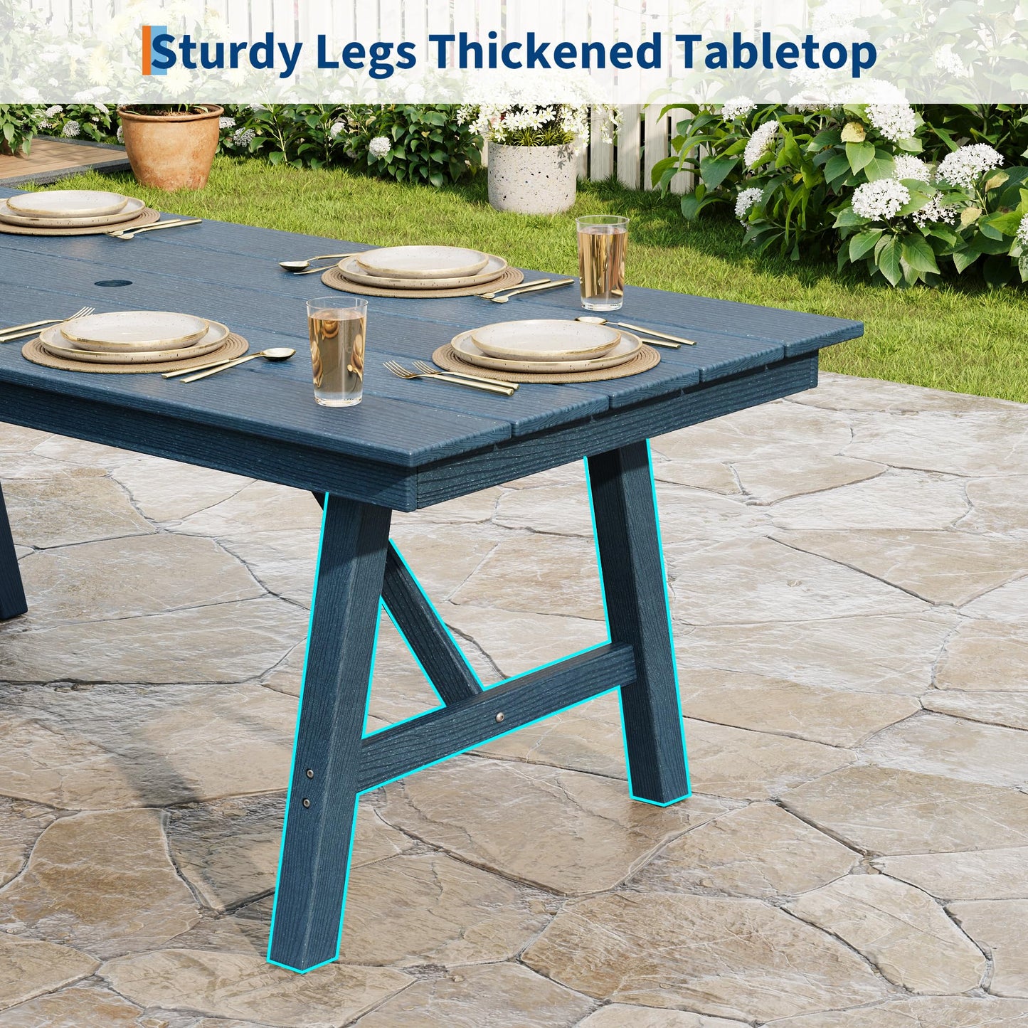 Garvee Outdoor Patio Dining Table Set for 6, 7 Piece Outdoor HDPE Dining Furniture Set with Umbrella Hole, Aluminum Frame, All-Weather Garden Table and 6 Chairs for Backyard Poolside, Navy Blue