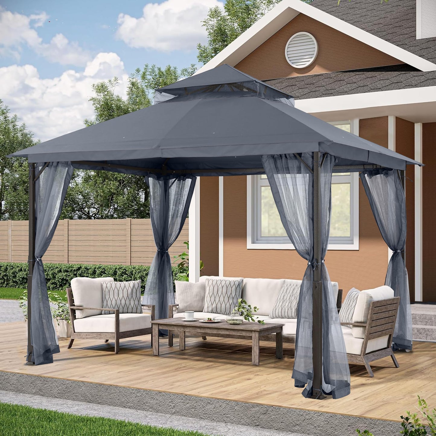 ABCCANOPY Outdoor Patio Gazebo 11x11 - Double Roof Canopy with Mosquito Netting for Backyard, Deck, Garden, Lawn, Dark Gray