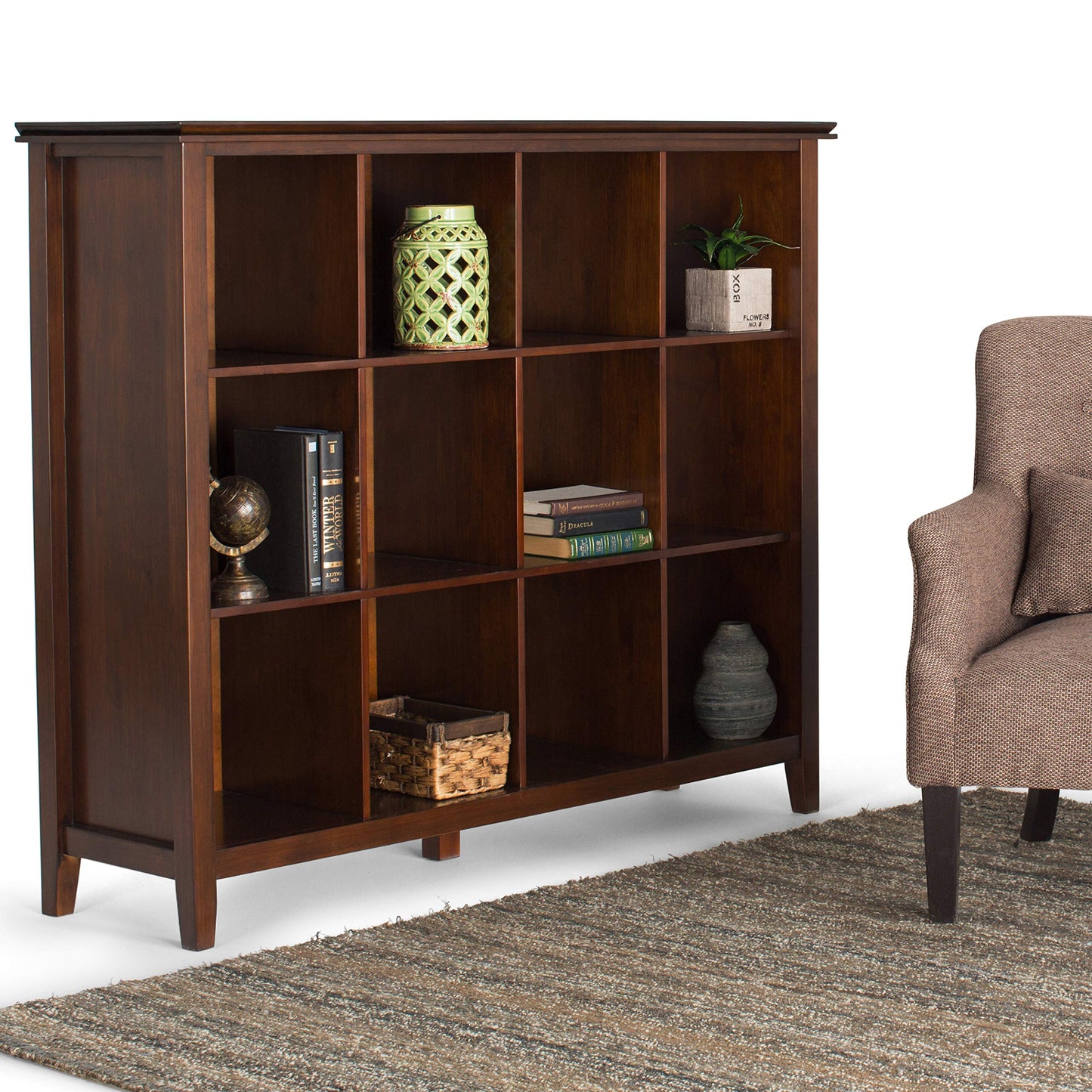 SIMPLIHOME Artisan Bookcase - 48 inch Tall 12-Cube Solid Wood Cube Organizer in Russet Brown, Transitional Storage Bookcase for Living Room, Study Room or Office with Fixed Shelves and Tapered Legs