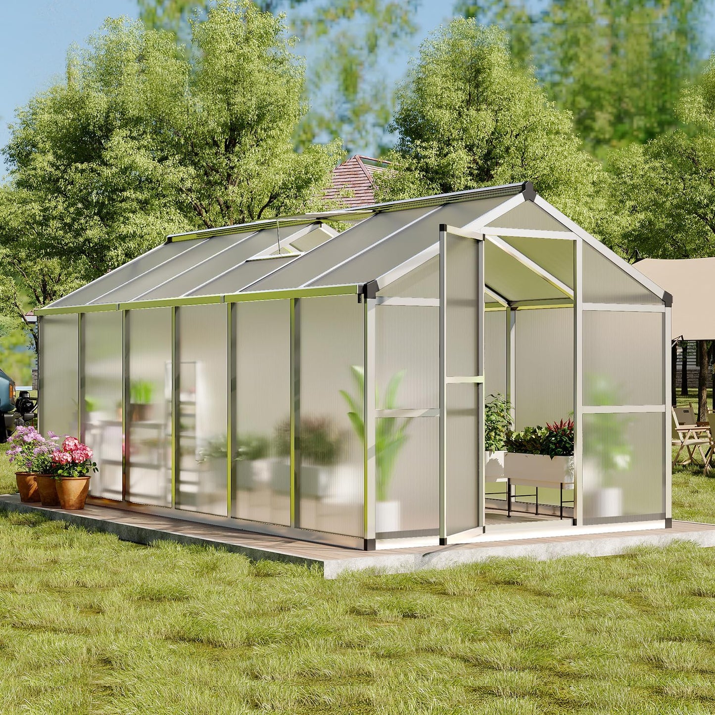 8X12 FT Greenhouse, Greenhouses for Outside, Aluminum Frame Polycarbonate Panels with Sliding Lockable Door and Ajustable Roof Vent, Spacious Walk-in Design for Backyard, Garden, Patio, Silver