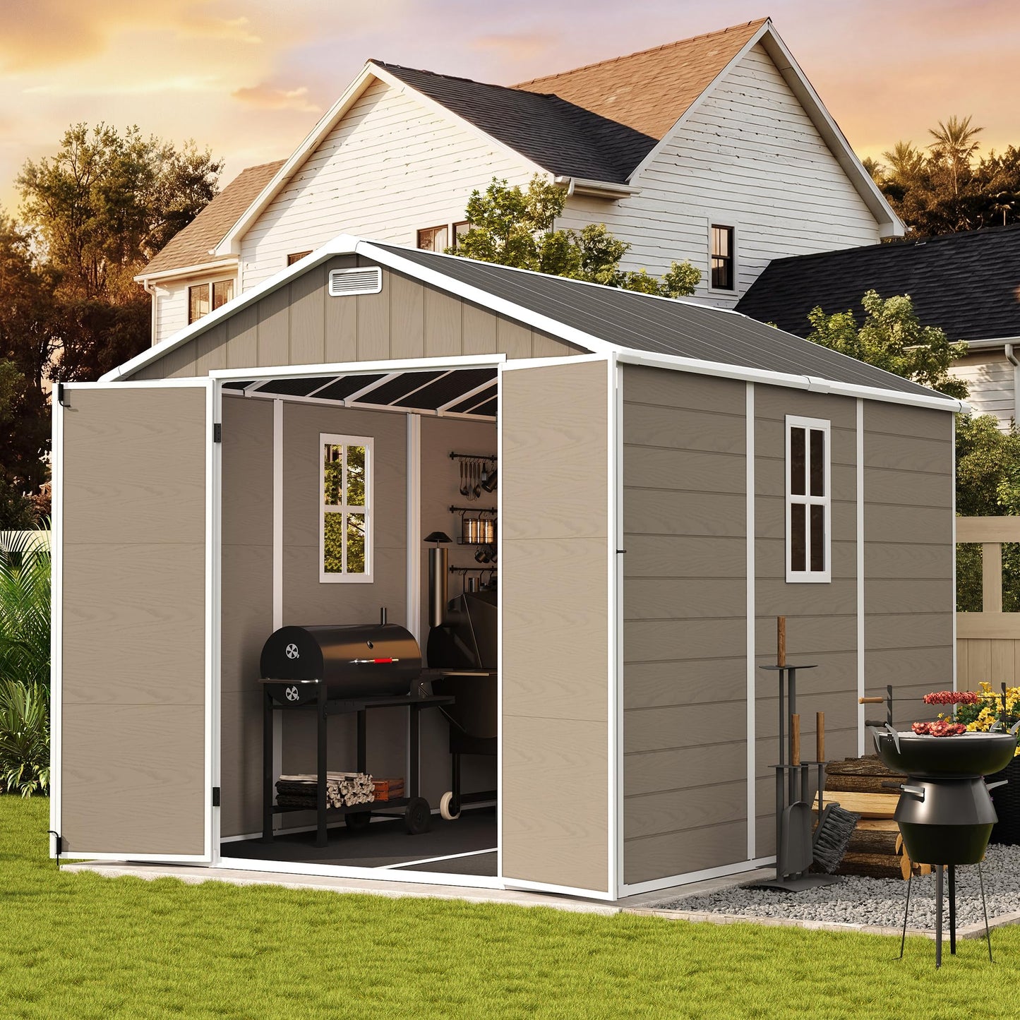 UDPATIO Outdoor Resin Storage Shed 8 x 10 FT, Plastic Storage Shed with Floor Large Outdoors Garden Tool Storage Shed Outside Clearance Shed with Lockable Door for Bike, Backyard, Patio, Brown