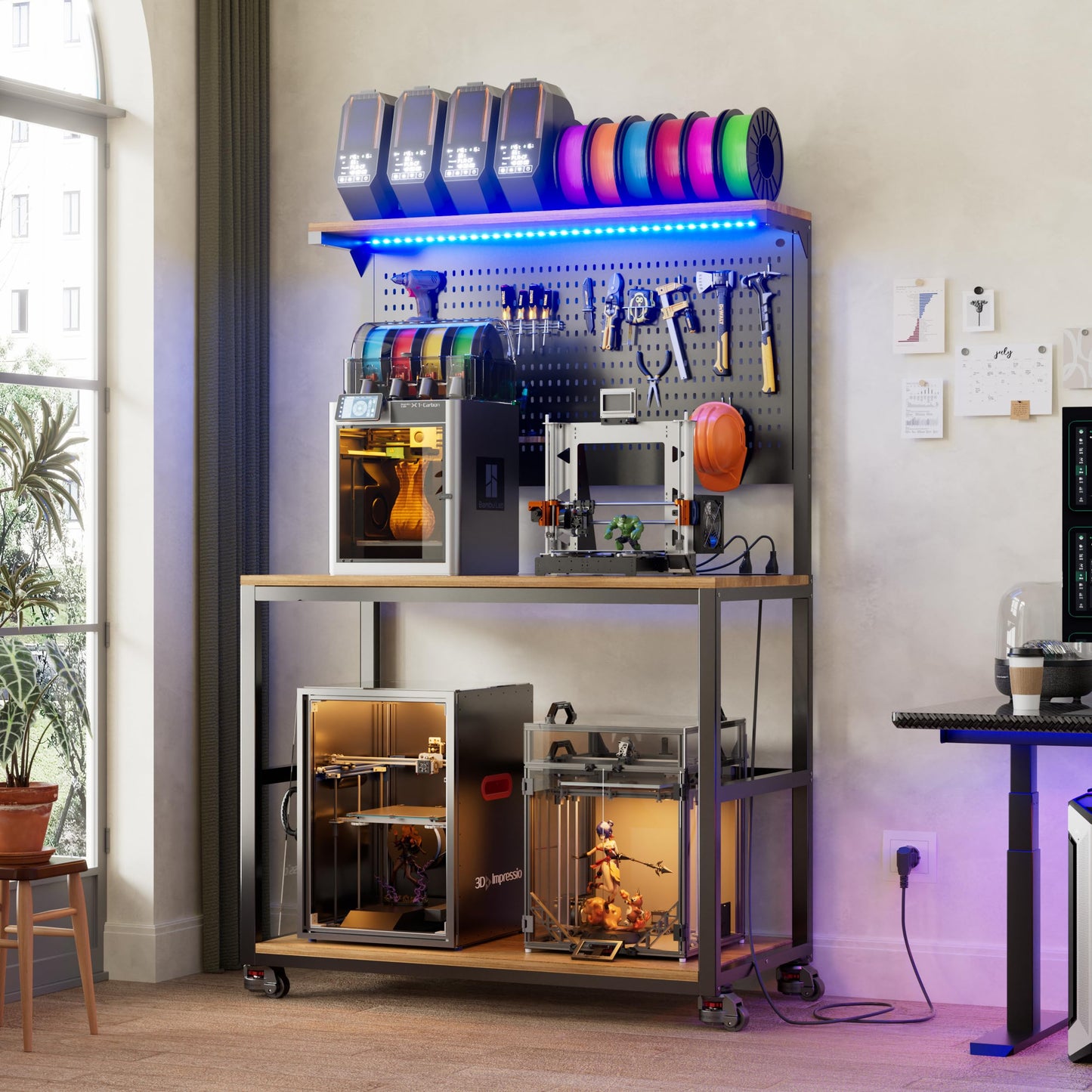 PAKASEPT 3D Printer Stand with Filament Storage Workbench,3D Printer Table with Charging Station & LED Lights,Heavy Duty Rolling Printer Desk with Pegboard for Workshop/Office/Garage