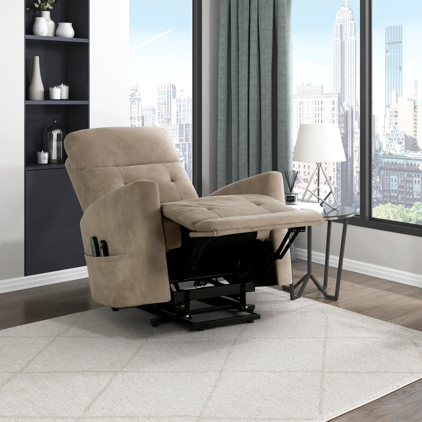Lexicon Power Lift Recliner with Heat and Massage for Adults Elderly Ergonomic, Textured Microfiber Tufted Lounge Chair Classic Single Sofa Recliner with Side Pockets, Home Theater Seating, Brown
