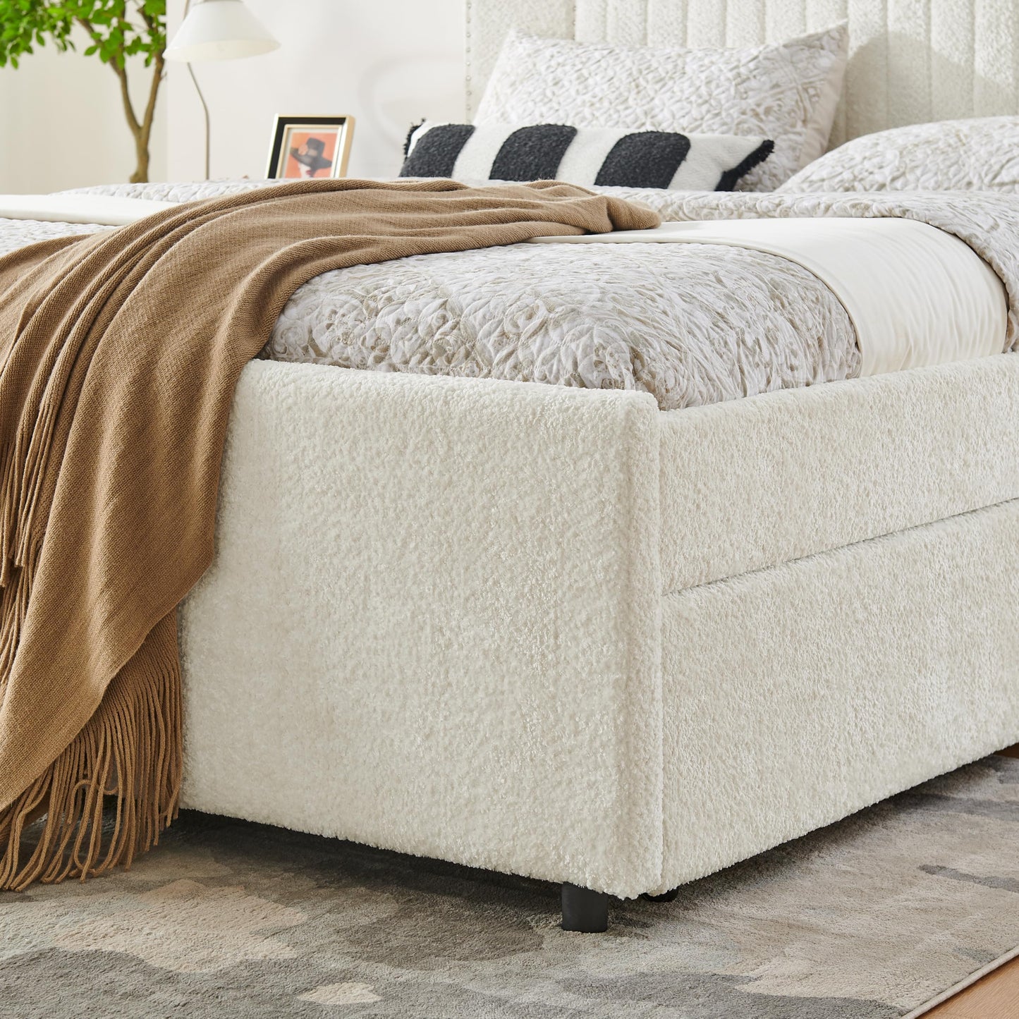 KEIKI Queen Size Upholstery Platform Bed Frame with Pull-Out Trundle & 2 Drawers, Extendable Chenille Bed with Vertical Channel Tufted Headboard & Nailhead Trim, Easy Assembly, for Bedroom, Beige