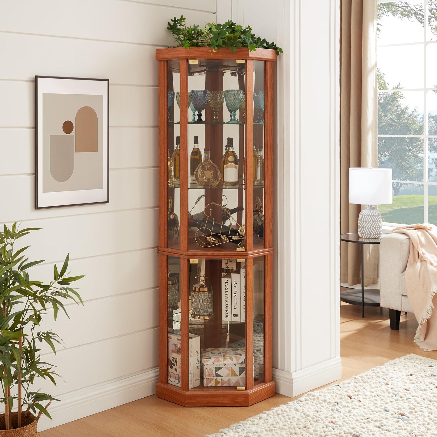 TRUNBACK Corner Curio Cabinet, 150lbs Heavy Duty Glass Display Cabinet with Light, 70" Tall 5-Tier Wine Bar China Cabinet with Tempered Glass Doors & Mirrored Back for Collectibles, Dark Oak