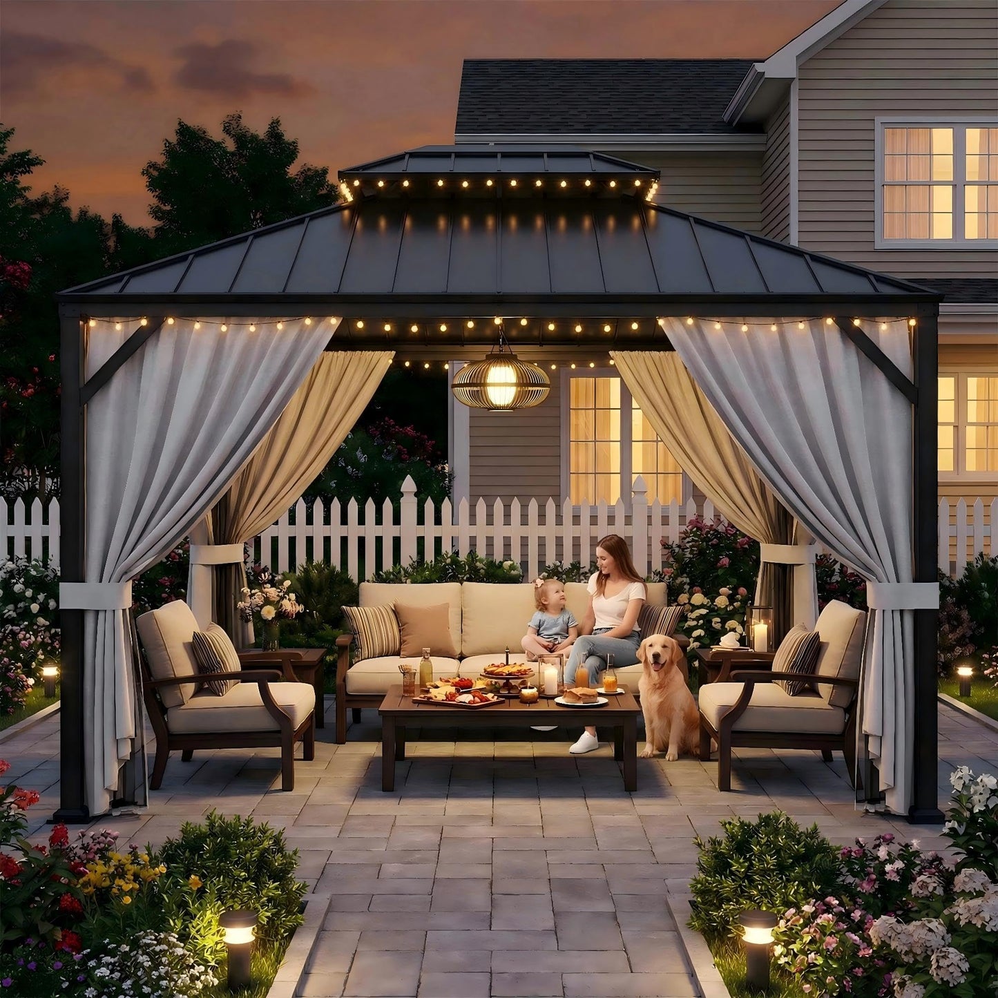IRONCK 12'x10' Hardtop Gazebo, Update Aluminum Frame Gazebo with Galvanized Steel Double Roof, Outdoor Pergola with Curtain and Net, Backyard Canopy for Garden, Deck, Gray and Black