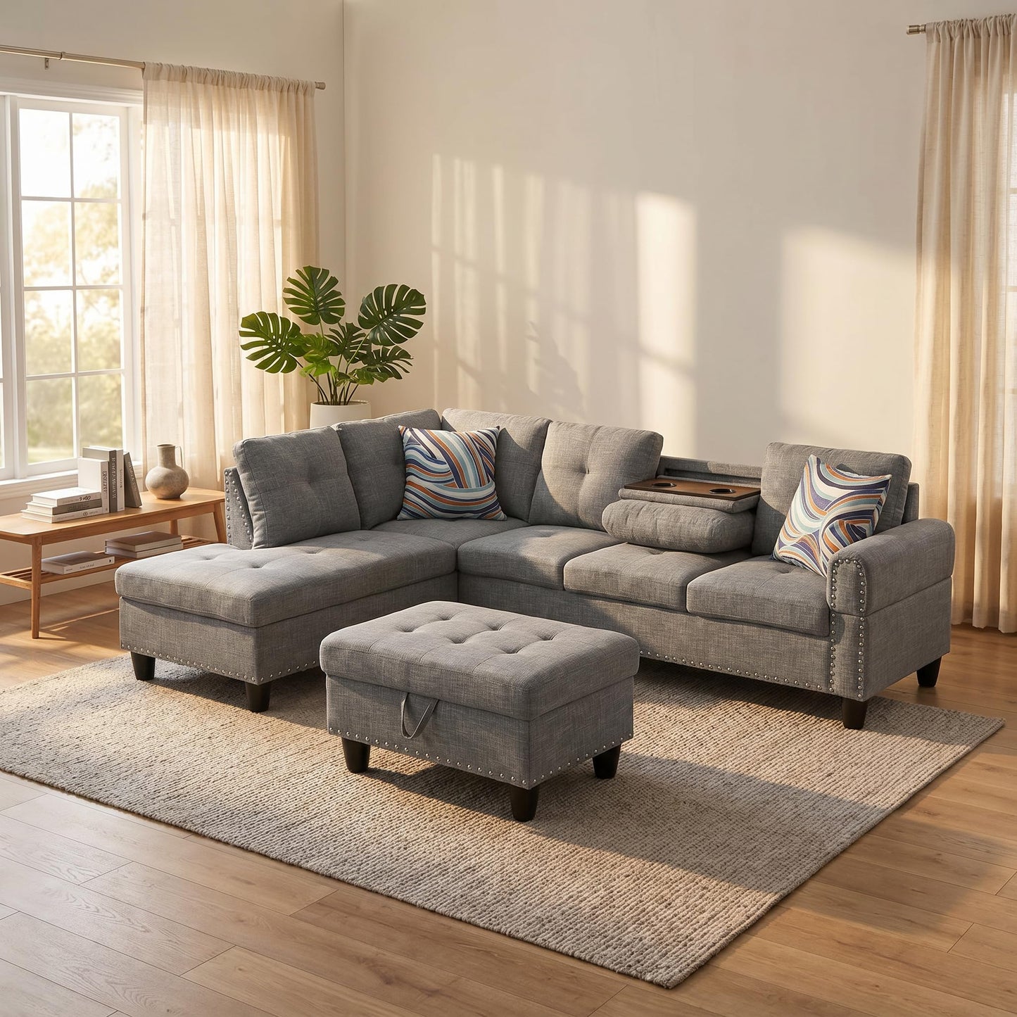 Trygoal 97.5" Linen L Shaped Couch with Left Chaise & Cup Holder, Sectional Sofas Modular Furniture Set with Storage Ottoman, Convertible Couches for Living Room, Small Space & Office (Grey)