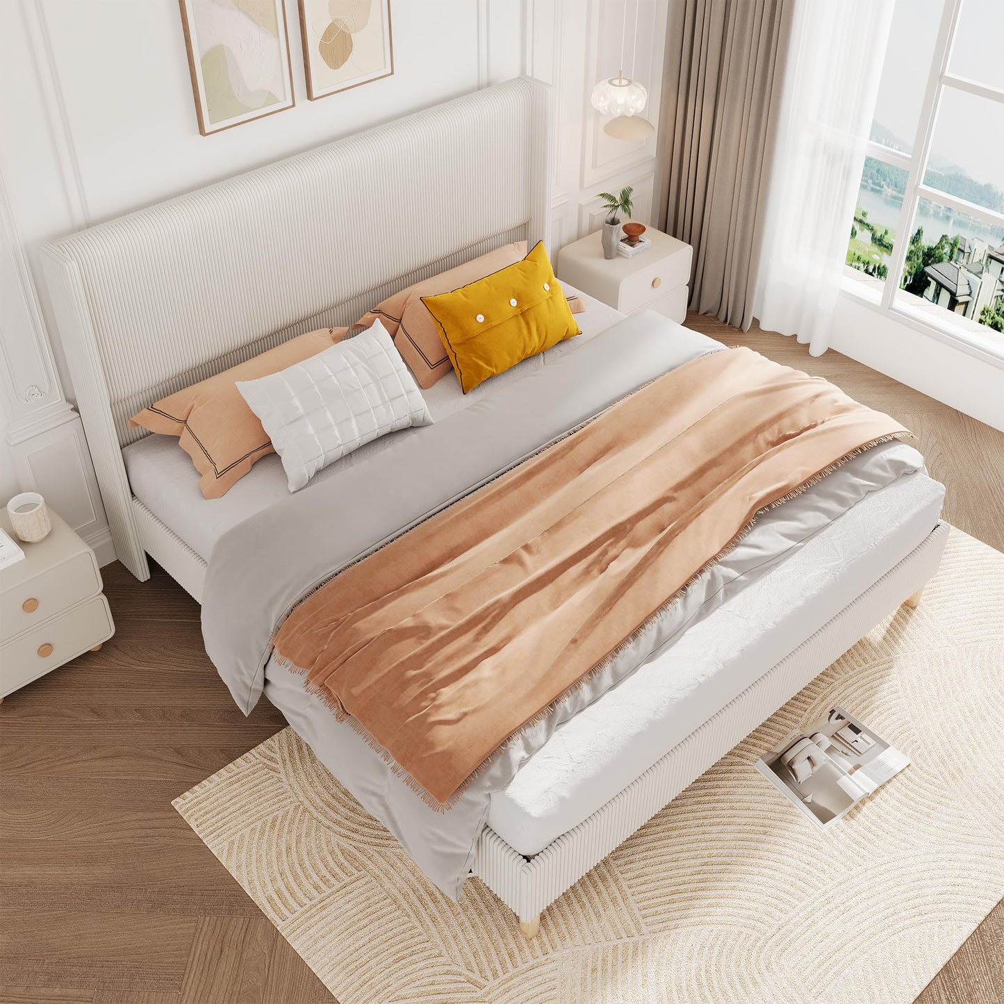 Garvee King Bed Frame with 50" Tall Wingback Headboard, Corduroy Upholstered Platform King Size Bed Frame, No Box Spring Needed, Sturdy Wooden Slats, Noise Free, Cream