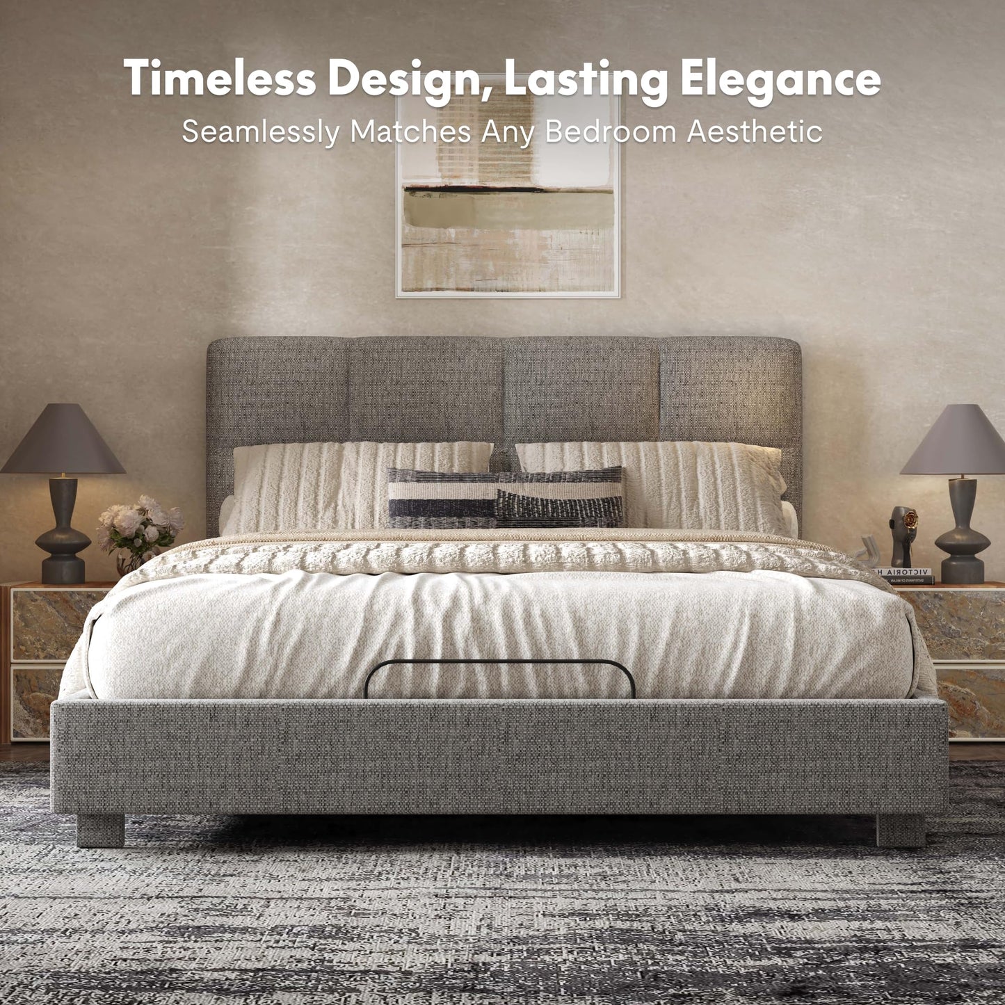 FLEXISPOT Adjustable Bed Frame Queen with Upholstered Square-Tufted Headboard and Footboard, Synchronized Head & Foot Lift, All-in-One, Design, 5-Year Motor & 10-Year Frame Warranty, Light Grey