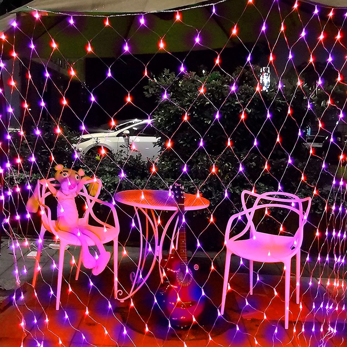 Dazzle Bright 200 LED Net Lights, 9.8 FT x 6.6 FT, Connectable Mesh Lights, Clear Wire, Purple & Orange, Model HB-360WCOI