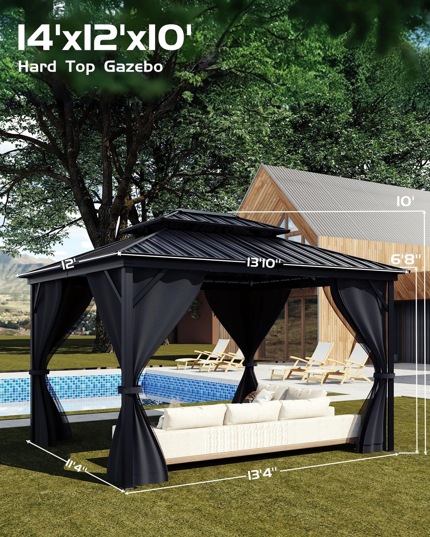 Hardtop Gazebo 12'x14' for All Weather, with Double Metal Roof, Aluminum Alloy Frame, Net, and Curtain, Permanent Building for Patio, Deck, Backyard, Lawn, and Garden, Gray