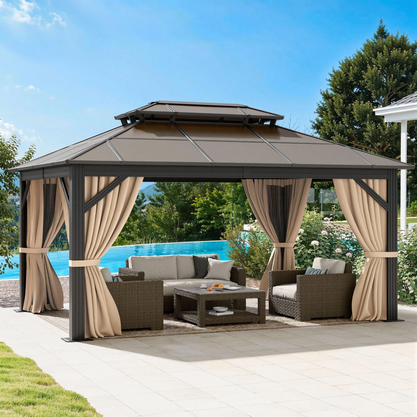 DWVO 10x12ft Hardtop Gazebo Double Roof Polycarbonate Canopy Outdoor with Netting and Shaded Curtains, Metal Frame Garden Tent for Patio, Backyard, Deck and Lawns, Brown