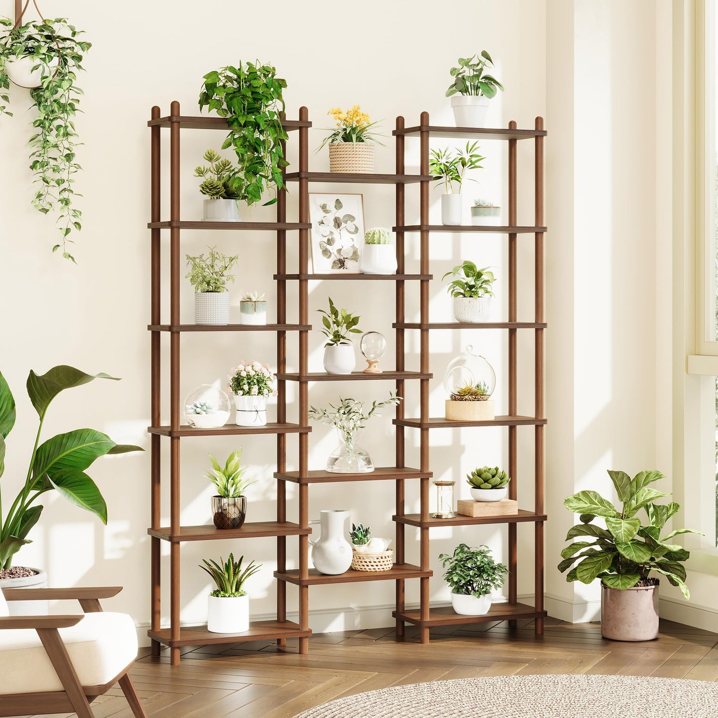 IOTXY Wooden Triple Wide Bookshelf - 6-Tier Large Shelf Bookcase with Solid Beech Frame, Tall Freestanding Open Etagere Display Rack for Home Office, Walnut