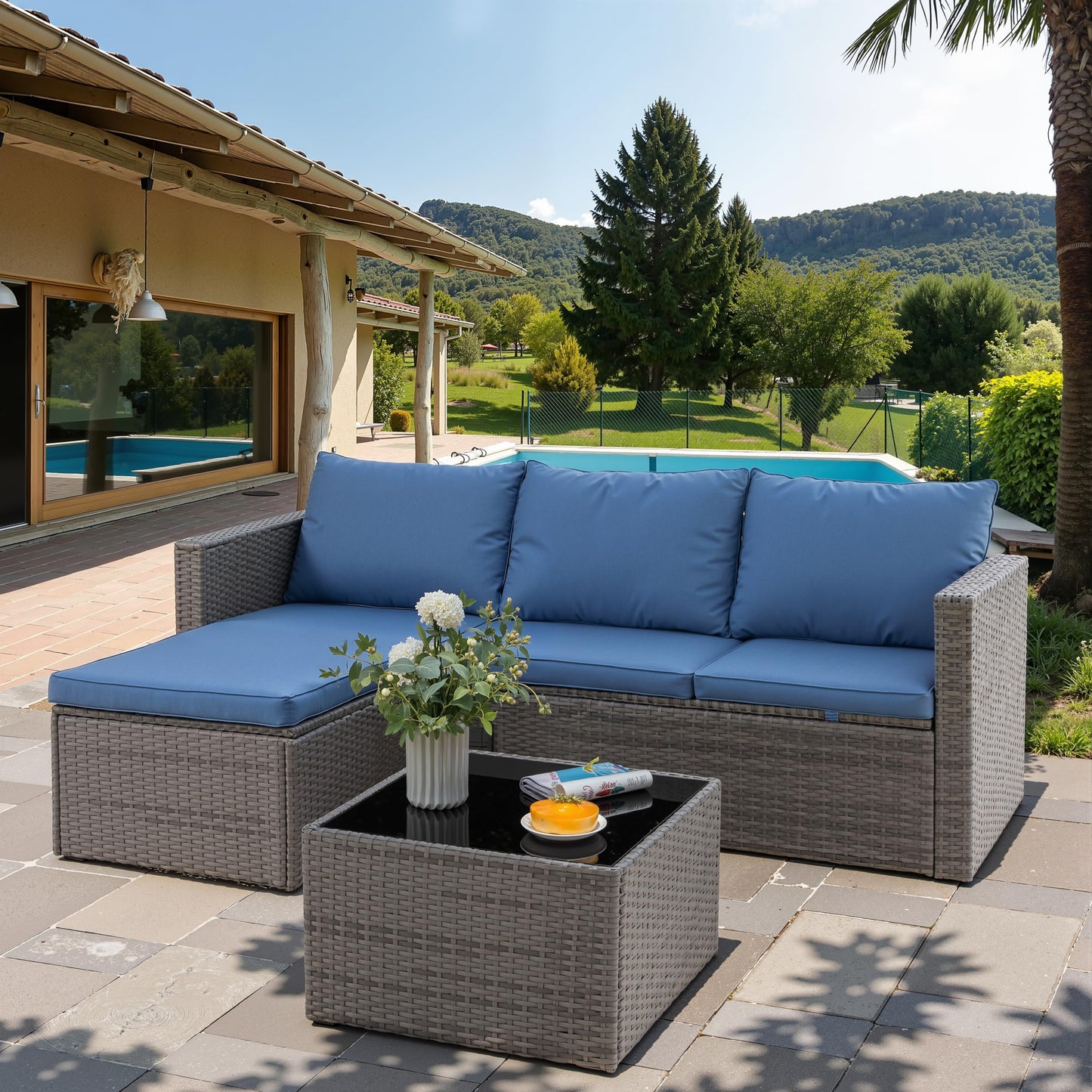 Shintenchi 4 Pieces Patio Furniture Set, 2-in-1 Convertible Sectional Sofa & Chaise Lounge, All-Weather Wicker Rattan Sofa Couch with Cushions & Coffee Table for Yard, Garden, Porch, Poolside (Blue)