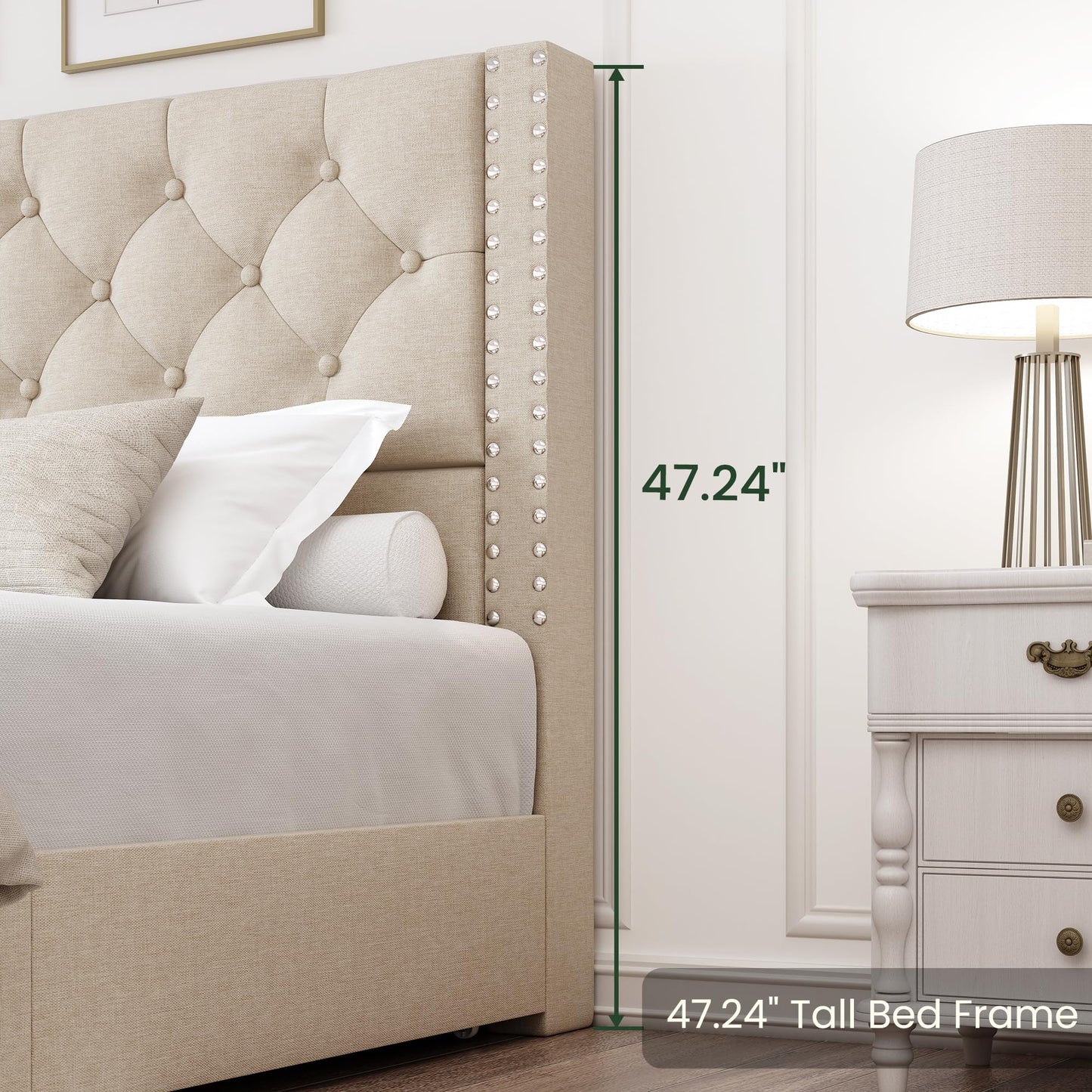 LARMACE Queen Size Bed Frame with 4 Storage Drawers and Tufted Headboard Linen Upholstered Platform Bed Frame with Heavy Duty Wood Slats, No Box Spring Needed, Easy Assembly, Beige