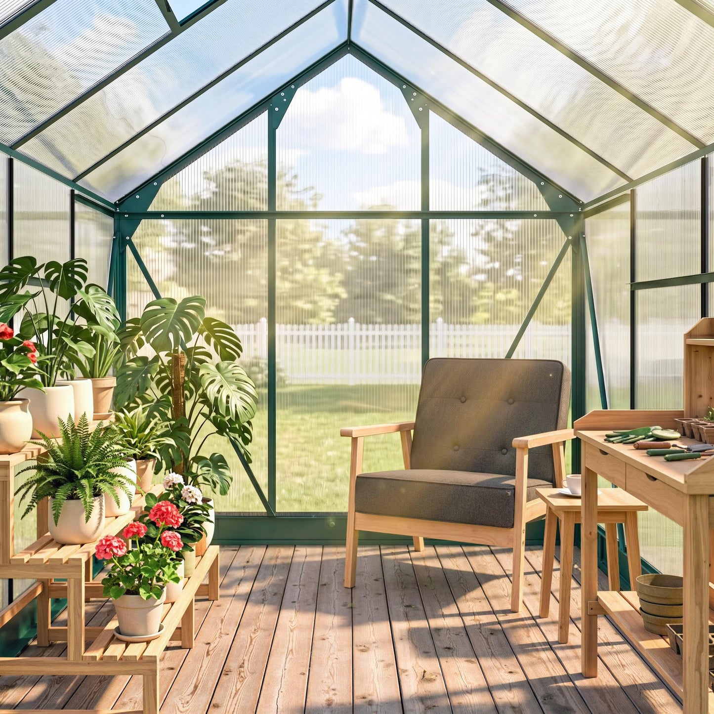 Outsunny 6' x 8' Greenhouse for Outdoors, Polycarbonate Greenhouse with Rain Gutter and Roof Vent, Aluminum Walk-in Green Houses with Push Door for Outside for Patio Backyard Garden, Dark Green