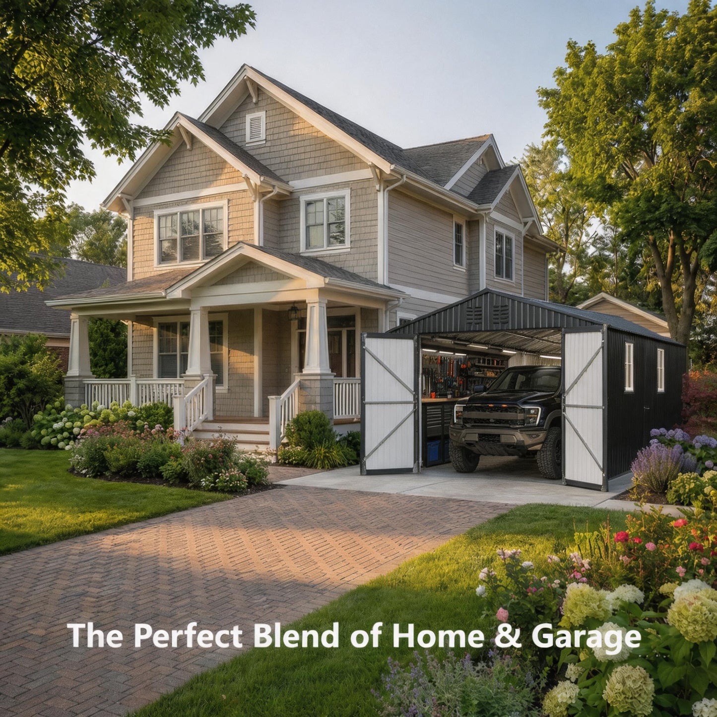 12x20 FT Metal Garage Shed, Outdoor Extra Large Storage Shed with Double Hinged Doors, 4 Windows, Heavy Duty Carport for Cars, Boats, Trucks and Equipment Storage, Black-Blue