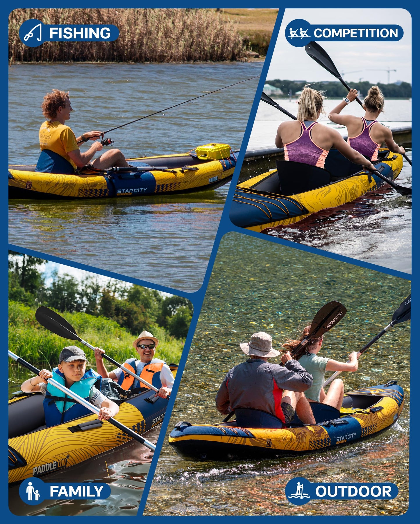 Starcity Kayak Inflatable Tandem Wide Stable Touring Fishing Design 600 Pound Capacity 12" 2"*36"*13" for Lake River Recreational Paddling Families Beginners W/Adjustable Seat Storage Compartment