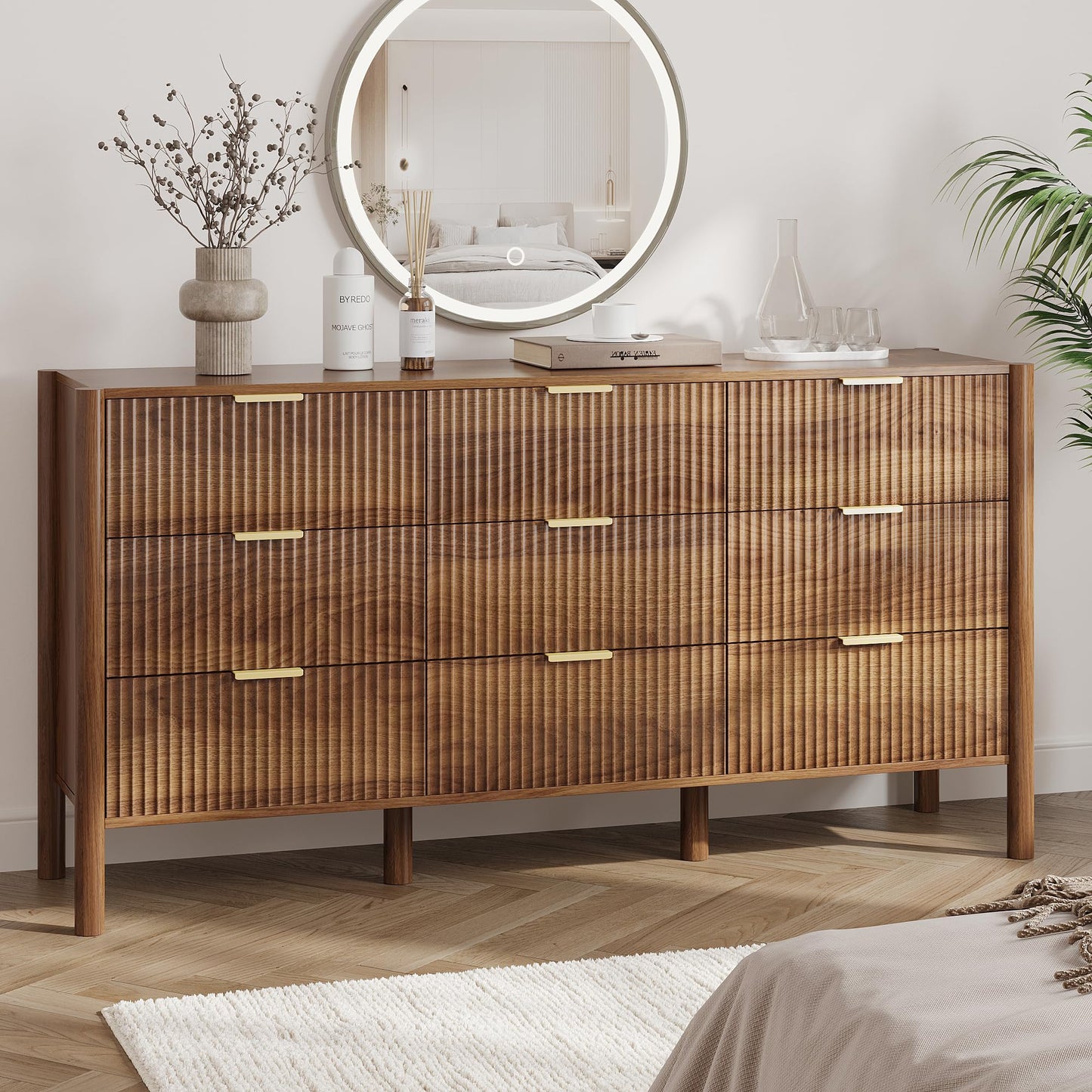 CHUWELL Fluted Walnut Dresser for Bedroom, 63" Wide Mid Century Modern Chest of Drawers with 4 Solid Wood Cylindrical Legs & Gold Metal Handles, 9 Drawer Large Dresser for Bedroom