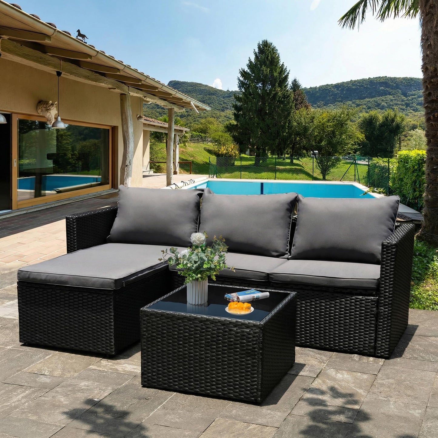 Shintenchi 4 Pieces Patio Furniture Set, Outddor Sectional Sofa & Chaise Lounge, All-Weather Wicker Rattan Sofa Couch with Cushions & Coffee Table for Yard, Garden, Porch, Poolside (Gray)