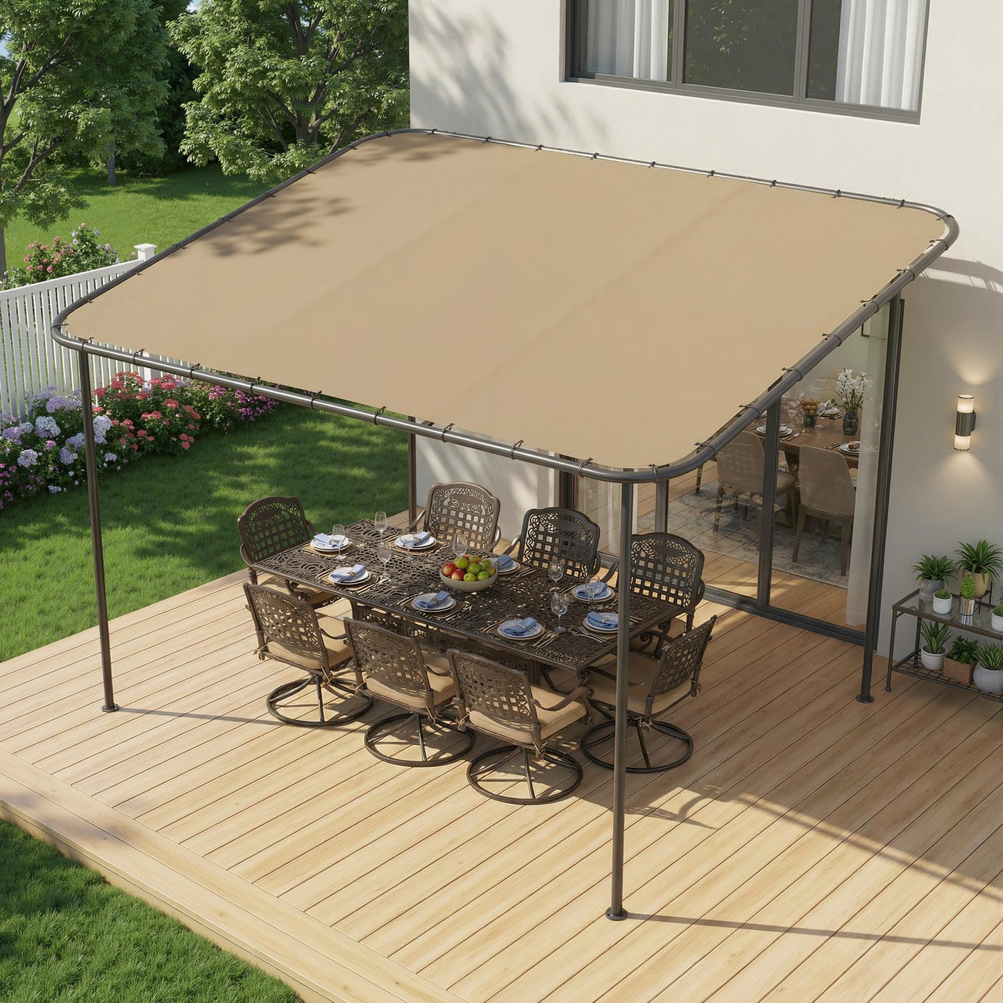 TOBYUL 12'x10' Lean to Gazebo Pergola with 3 Types Ground Nails and Weatherproof Canopy, Large Wall-Mounted Galvanized Steel Frame Shelter, Outdoor Sloped Roof Awning for Patio, Deck, Backyard (Khaki)