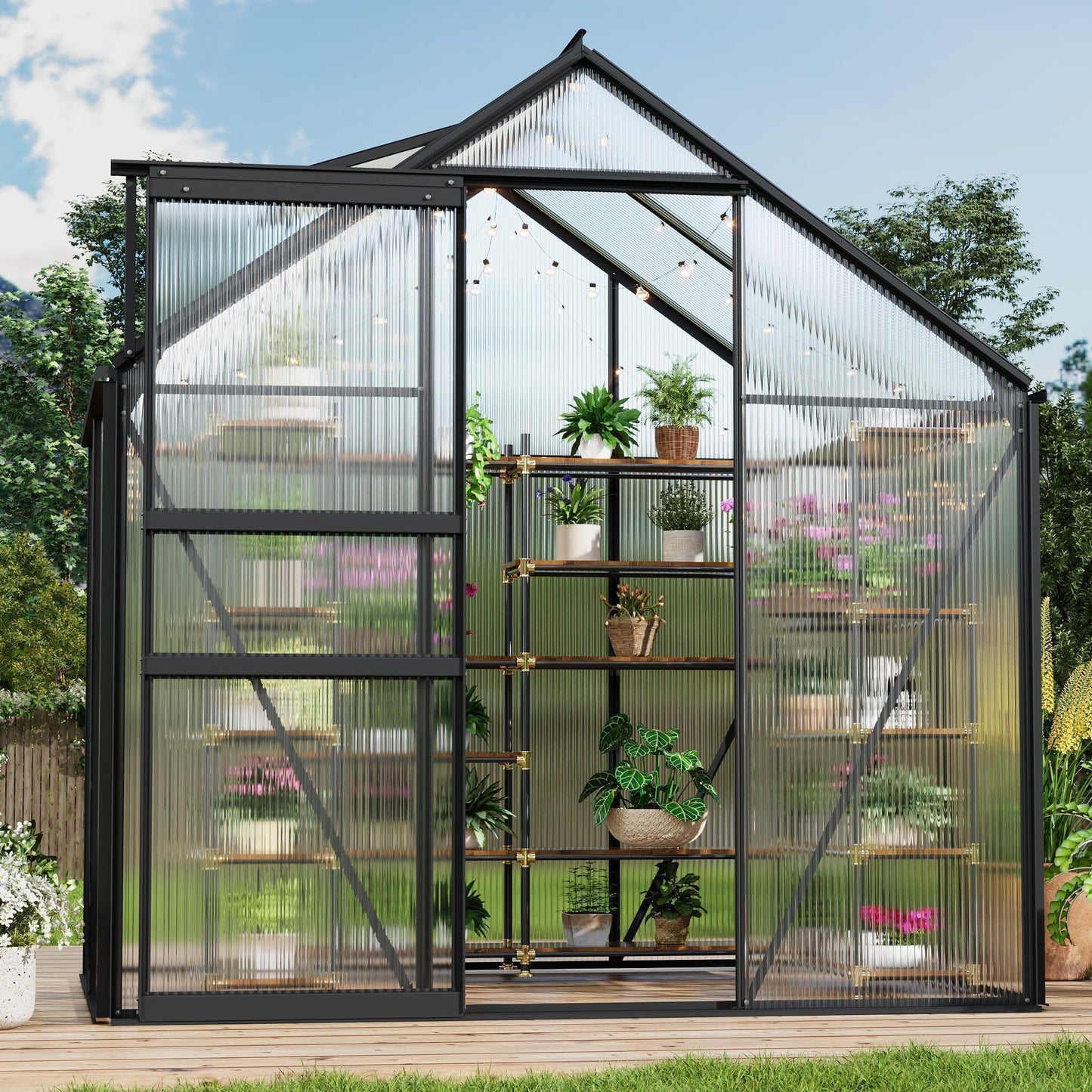 6x4 ft Greenhouse, Walk in Polycarbonate Greenhouses for Outdoors with Roof Vent&Sliding Door, Heavy Duty Green House with Aluminum Frame for Outside Garden Backyard, Patio, Lawn, Black