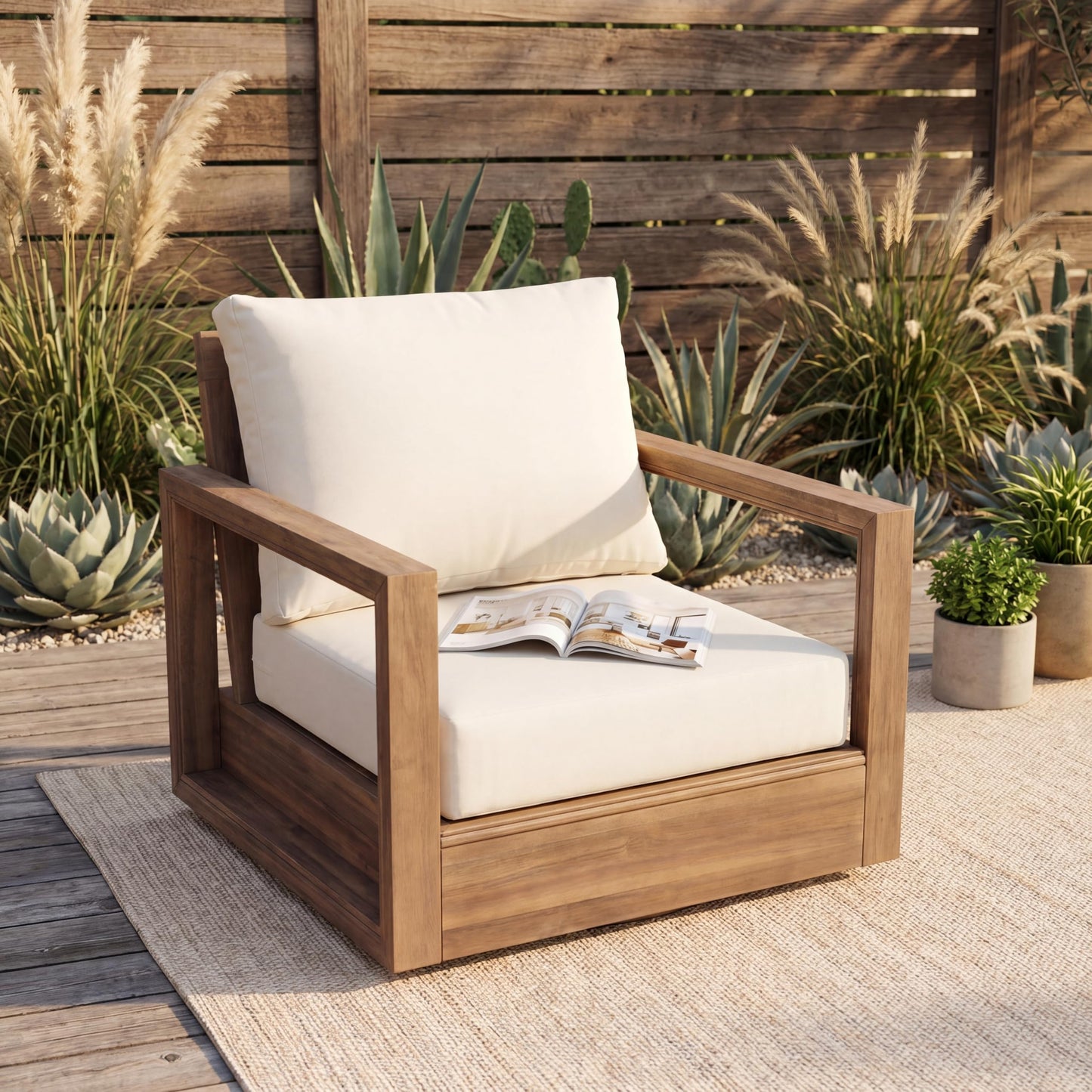 Christopher Knight Home 4-Piece Patio Furniture Set, Outdoor Acacia Wood 3-Seater Patio Sofa Set with 2 Swivel Rocking Chairs & Coffee Table, Deep Seating Patio Set for Porch Deck Garden, Brown+Beige