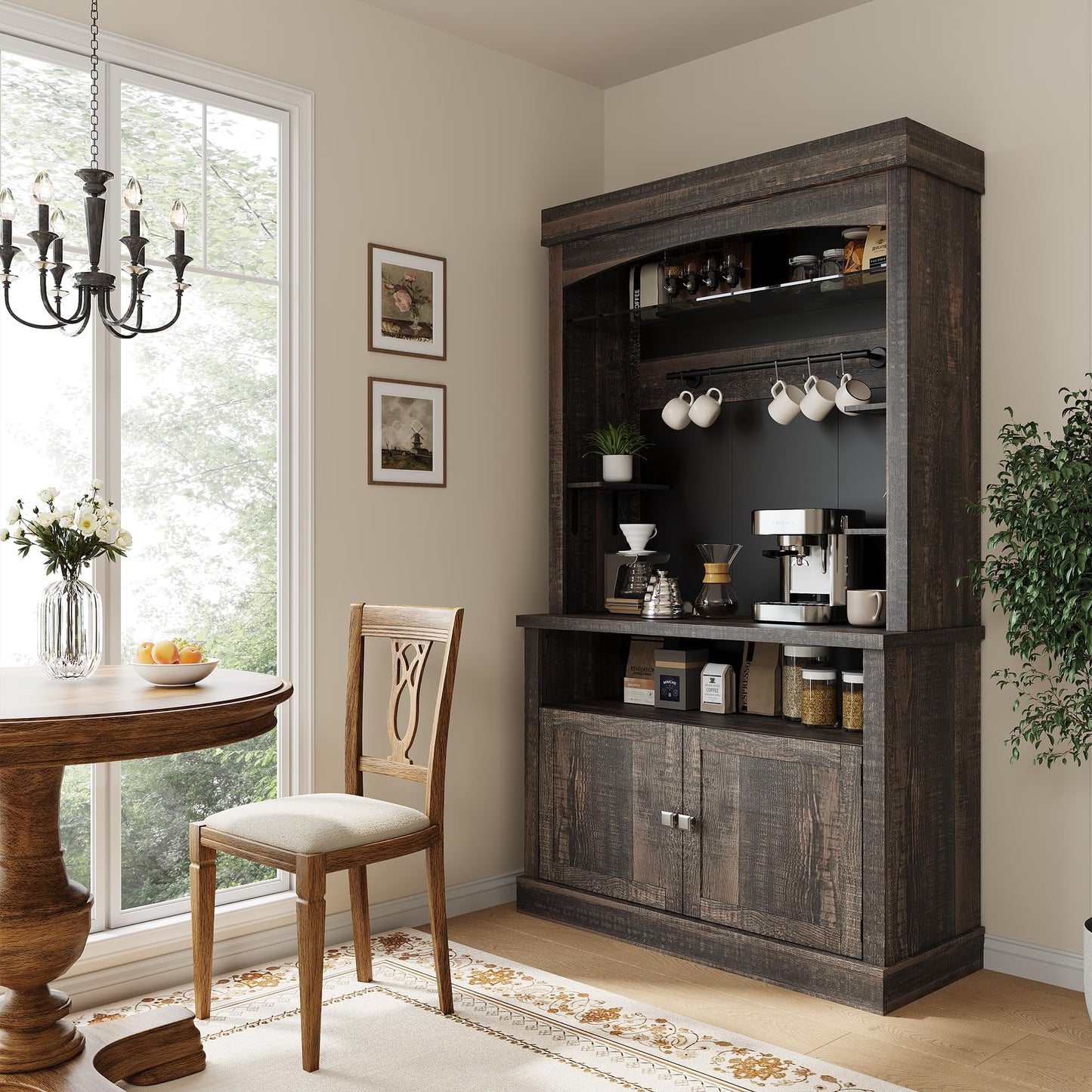 Garvee Farmhouse Coffee Bar Cabinet with Storage LED Buffet Cabinet 72" Coffee Hutch Cabinet Large Kitchen Sideboard with Wine Rack/Glass Shelf for Kitchen, Dining Room, Living Room,Oak