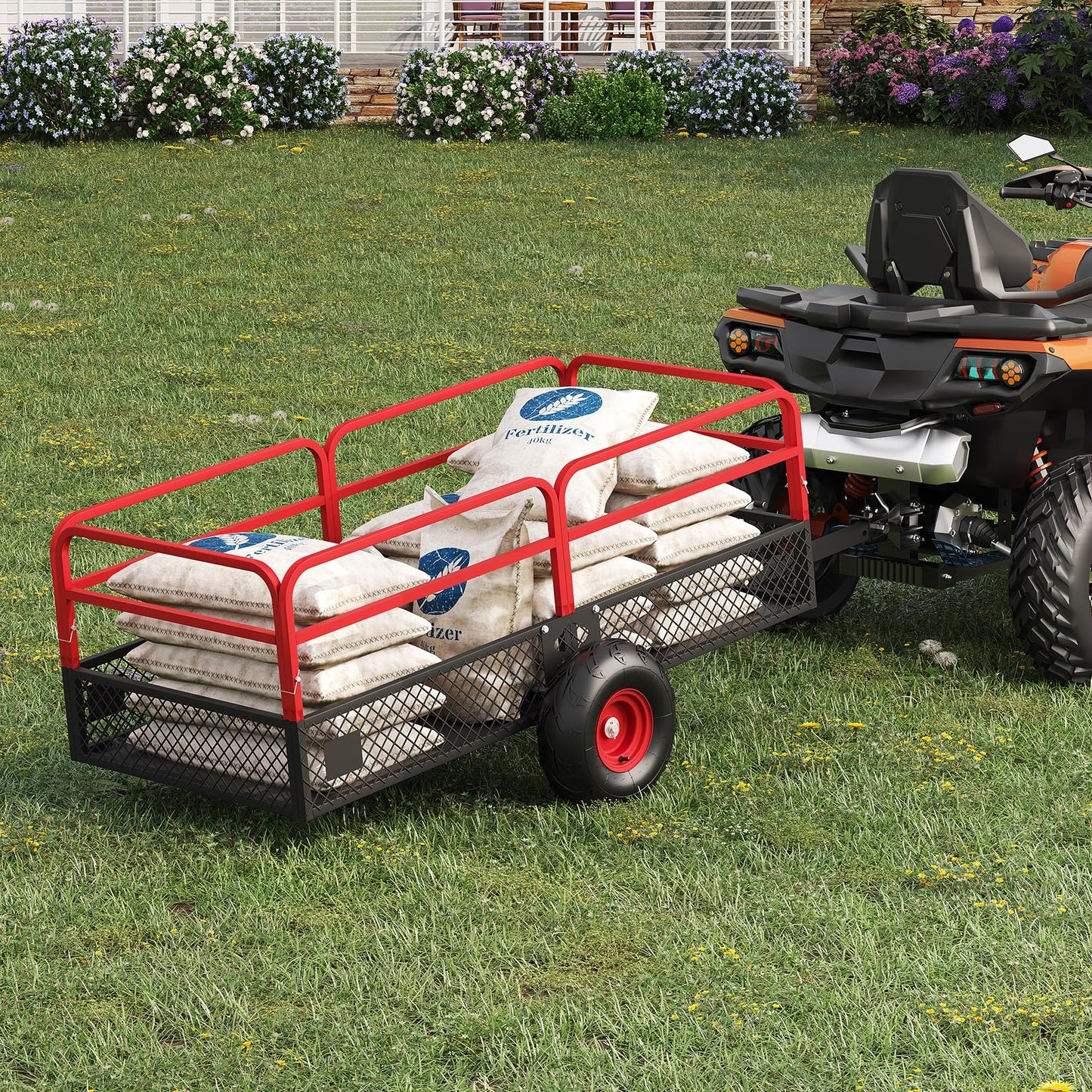 PeakPursuit Tow Behind Steel Dump Cart, Heavy Duty Yard Garden Trailer with Removable Sides & All Terrain Tires, Fits Lawn Mower, Tractor, Garden Cart, 1600 lbs 22 Cubic Feet, Red