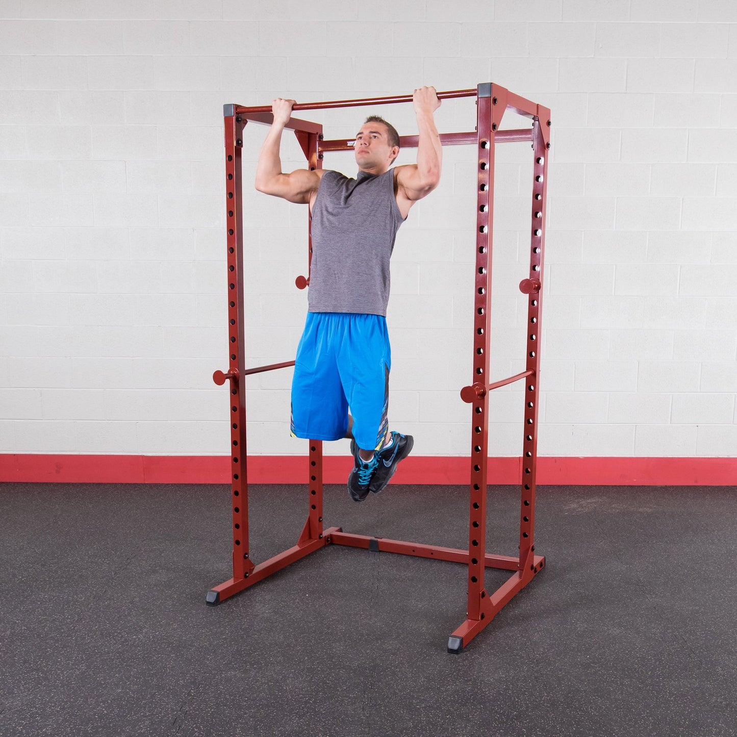 Body-Solid Best Fitness Power Rack - 14-Gauge Steel Home Gym with 500lb Capacity, Chin Bar, 23 Adjustable Safety Bars, Optional LAT & Dip Attachments, Red