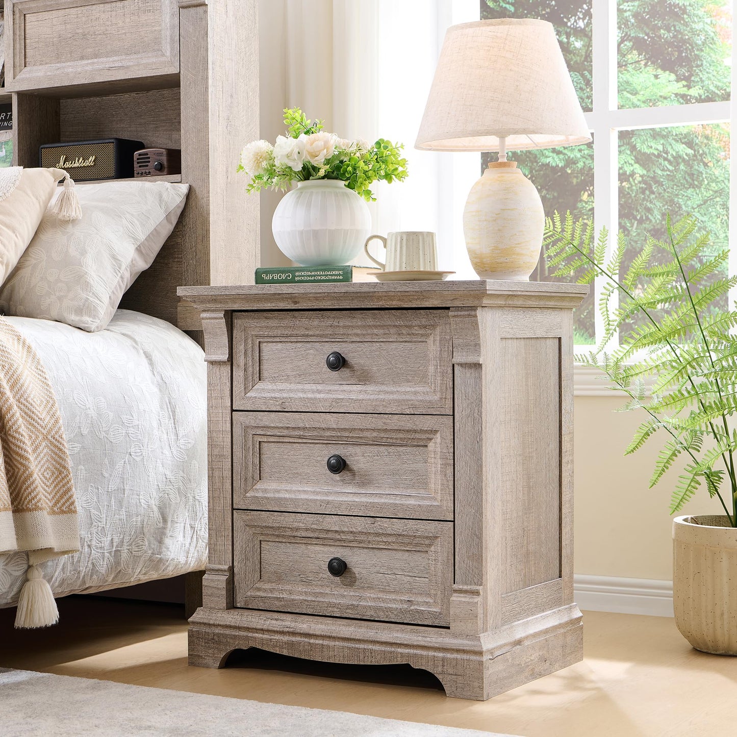 T4TREAM Farmhouse 24" Wide Nightstand with Charging Station, 26" Tall End Table with 3 Drawers Storage, Wood Side Table w/Roman Column, Bedside Cabinet for Bedroom, Living Room, Light Rustic Oak
