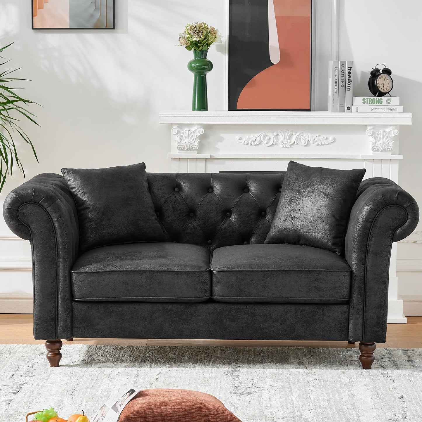 KEIKI Luxury Modular Chesterfield Leather Sofa Couch Set, Mid Century Modern Combo 5 Seater Couches w/Roll Armrest, Comfy Sleeper Cloud SofaBed for Office & Apartment Living Room, Easy Assembly, Black