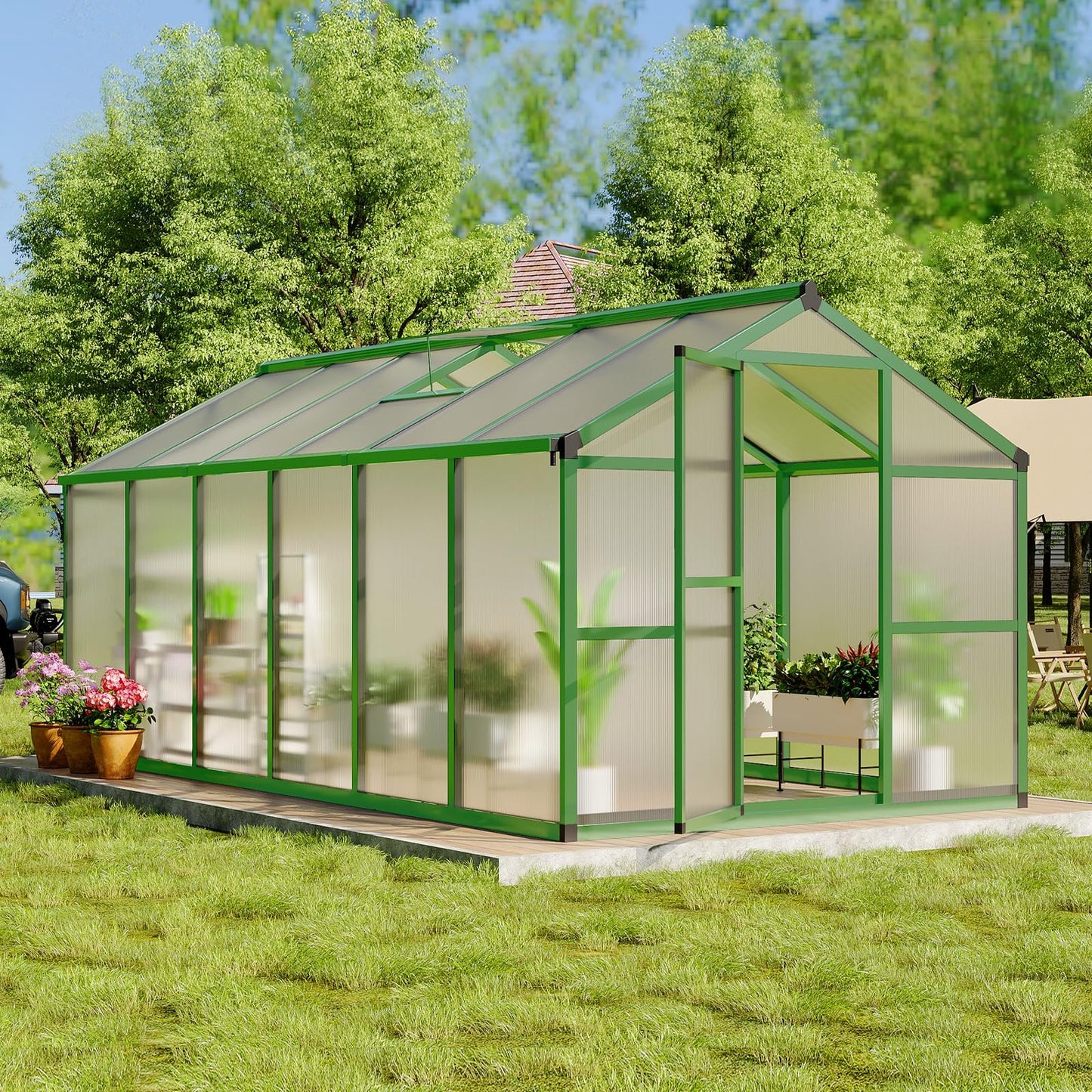 8 x 12 FT Greenhouse, Outdoor Sliding Door, Polycarbonate Greenhouse with Aluminum Frame, Lockable Door and Ajustable Roof Vent for Backyard, Outside Garden Backyard, Patio, Green